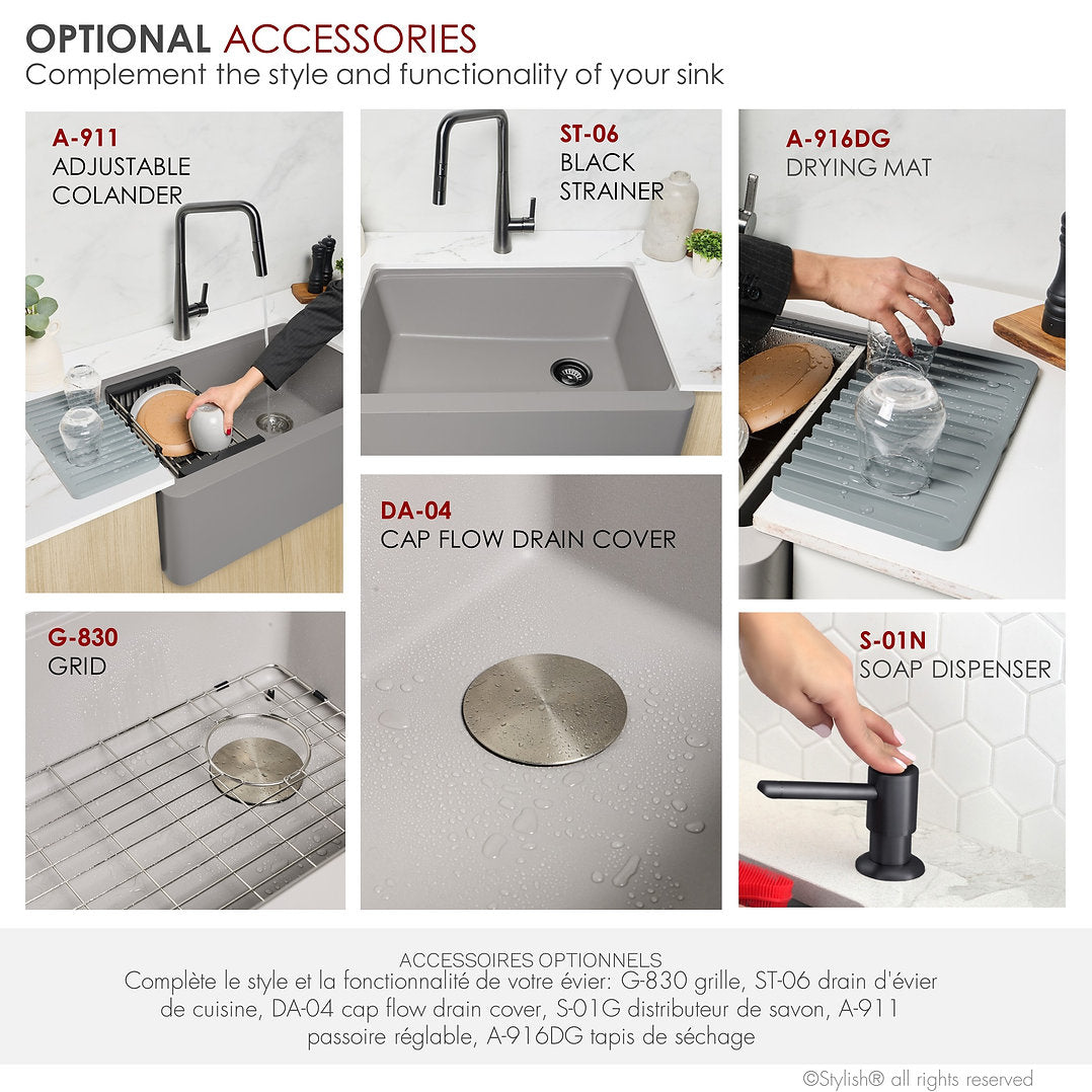 Stylish 30-inch BRONTE S 830WL Farmhouse Apron Front Grey Composite Granite Single Bowl Kitchen Sink - Perfect for Modern Farmhouse & Rustic Kitchen Renovations