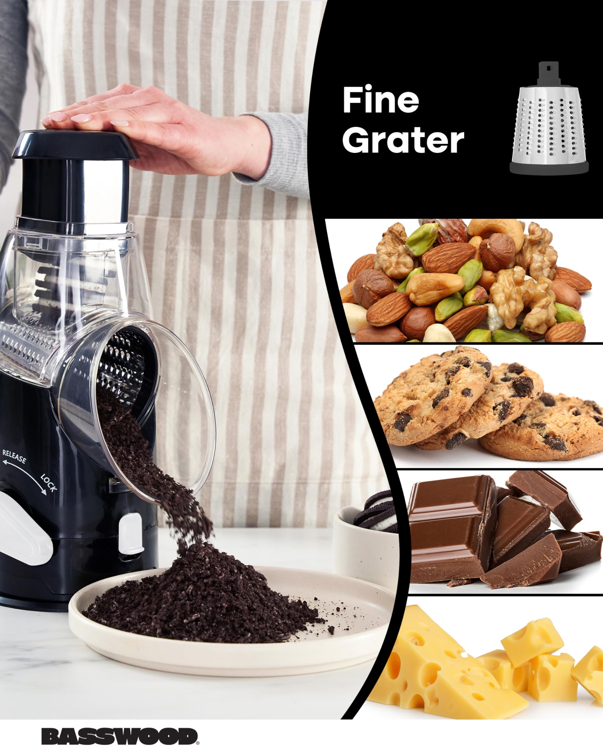 Premium Rotary Cheese Grater with Handle - 3 Stainless Steel Blades for Cheese, Vegetables & Nuts | Mandoline Slicer & Peeler Included | Perfect for Kitchen, Camping & Meal Prep (Black)