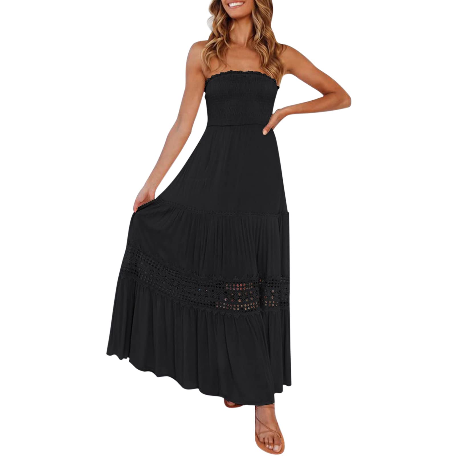 Boho Off Shoulder Maxi Dress for Women - Summer Strapless Beach Long Dress - Perfect for Vacations, Weddings & Casual Outings