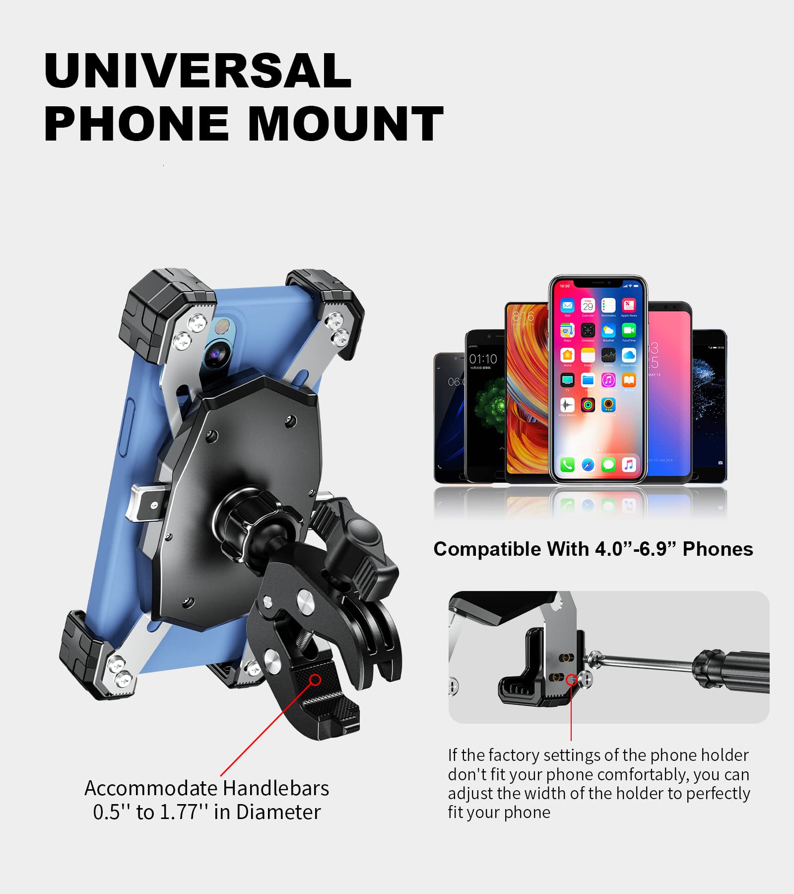 Premium Motorcycle Phone Mount - Quick Install Handlebar Clamp for iPhone 14/15 Plus/Pro Max, Galaxy S10-S23, 4.0-6.9