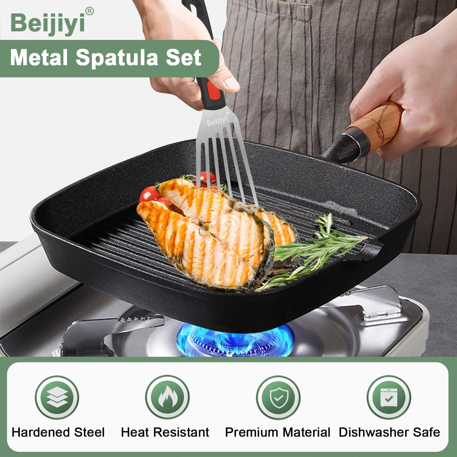 Premium Stainless Steel Spatula Set - Heavy Duty Metal Turner for Cast Iron Skillet & Griddle with Heat-Resistant Silicone Handle - Perfect for Pancakes, Burgers, Eggs & Fish - Ideal for Grilling, Flipping & Cooking in Kitchen, Camping & Outdoor BBQ
