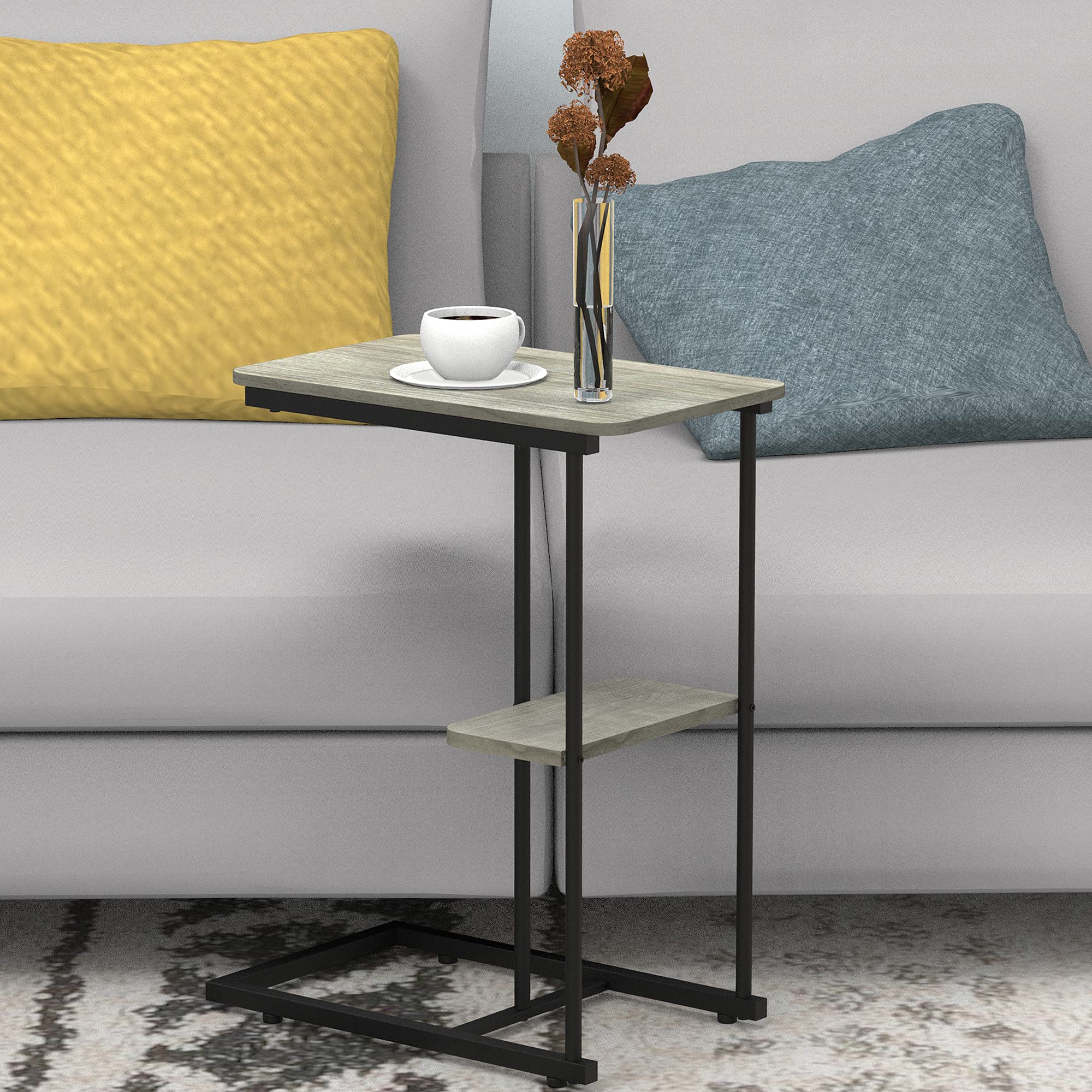 Modern Rectangular C-Shaped Side Table with Storage Basket - Portable Metal End Table for Sofa, Bed & Lounge - Grey Laptop Holder & Snack Table for Living Room, Bedroom & Office Use