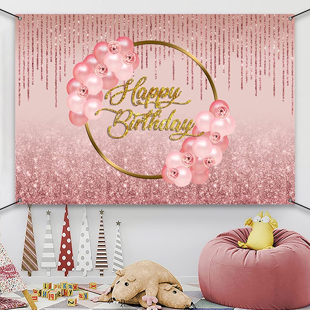 Rose Gold Glitter Birthday Banner - 6x3.6ft Polyester Happy Birthday Backdrop for Women's Party Decor, Rose Gold Sign Poster for Birthday Celebrations | Perfect for Birthday Parties, Baby Showers & Anniversary Decorations