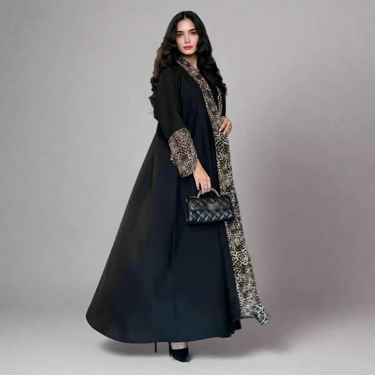 Leopard Print Cardigan Open Abaya Dress with Matching Hijab - Elegant Muslim Women's Fashion for Daily Wear & Special Occasions