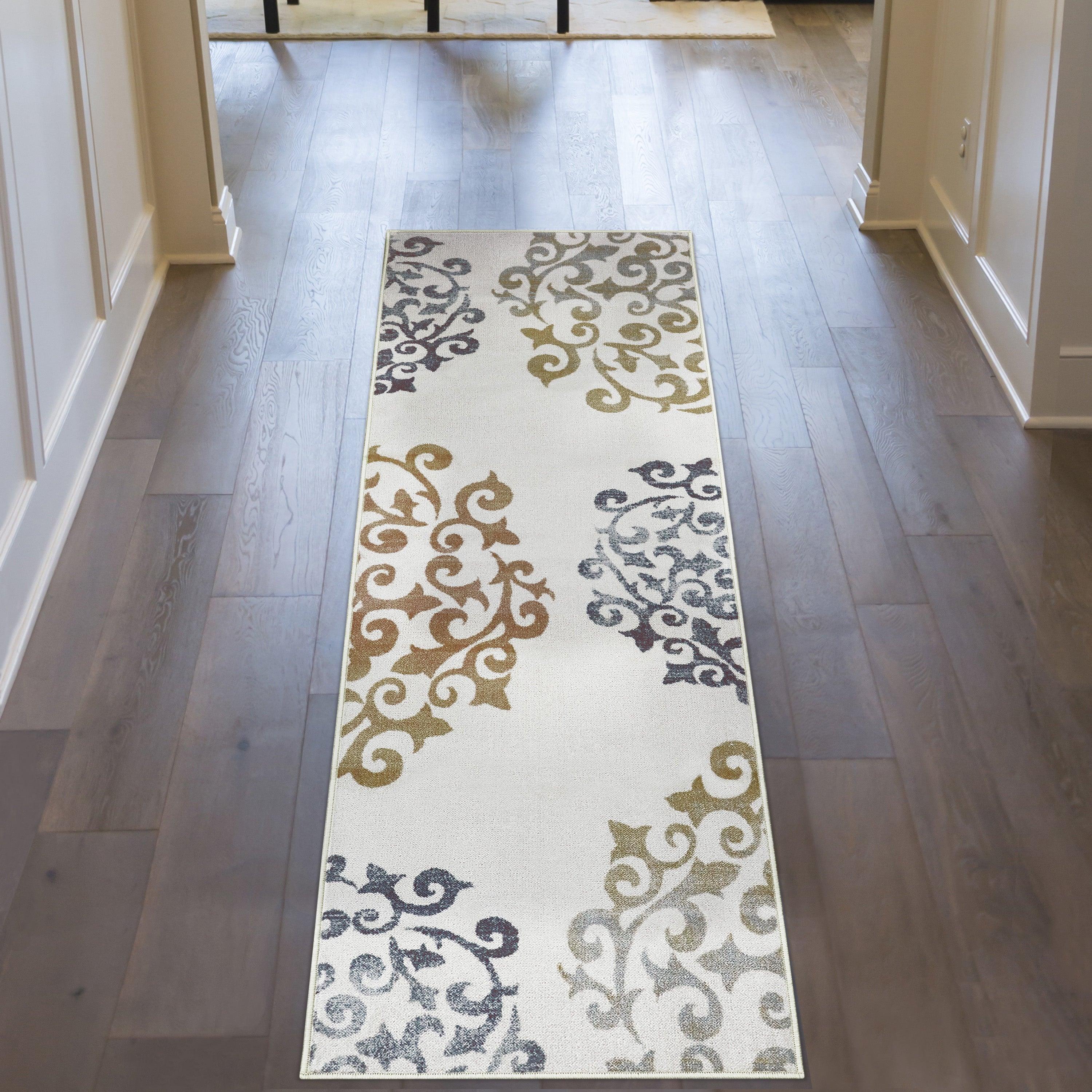 Non-Slip Washable Amber Floral Scroll Indoor Area Rug or Runner - Perfect for Living Room, Bedroom, and Hallway Decor