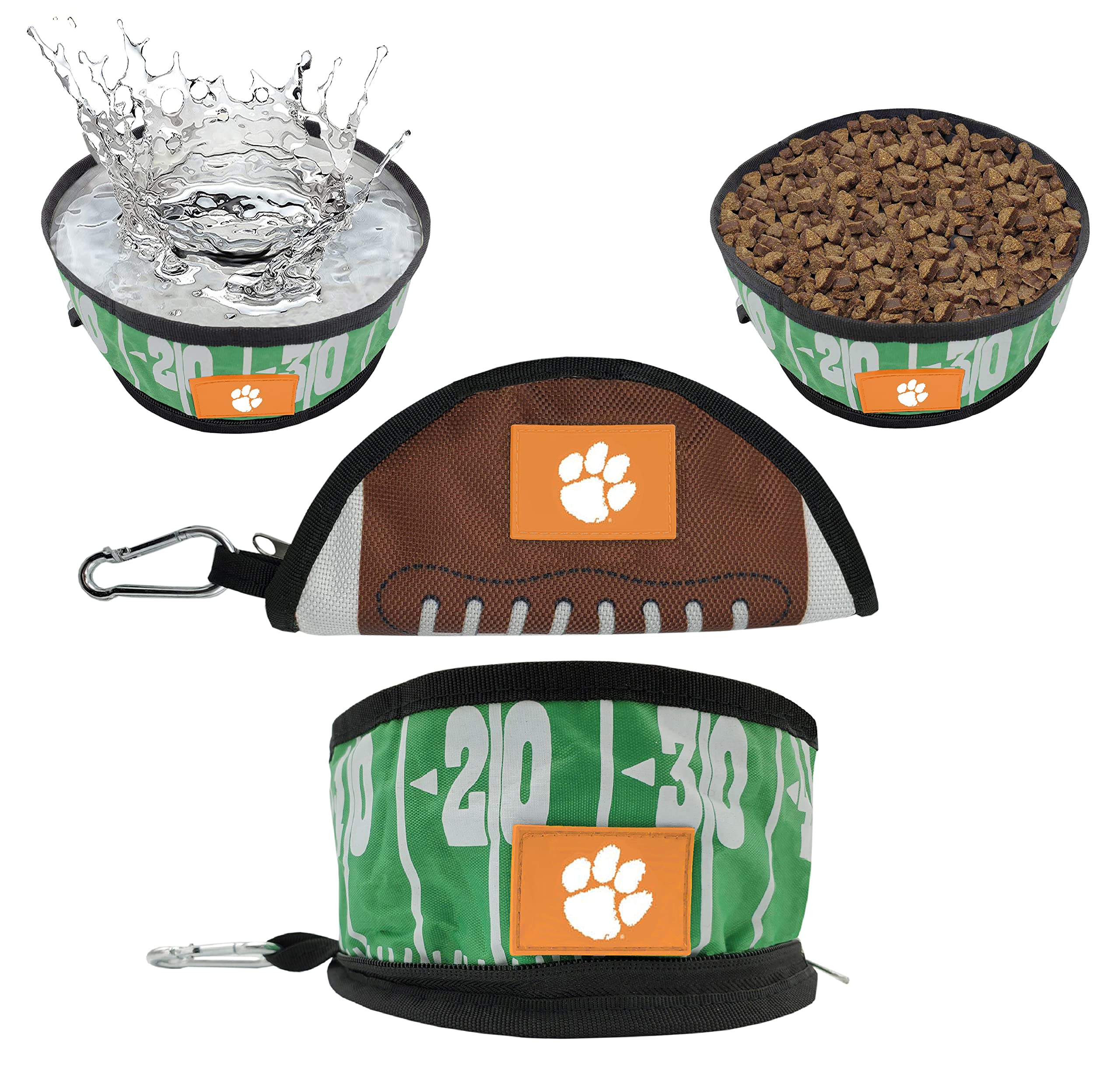 NCAA Clemson Tigers Collapsible Dog Travel Bowl - Portable Leak-Proof Pet Food & Water Bowl for Dogs & Cats | Lightweight Collapsing Design with Football Field & Pebble-Grain Pattern | Perfect for Travel, Hiking, Camping & Outdoor Adventures
