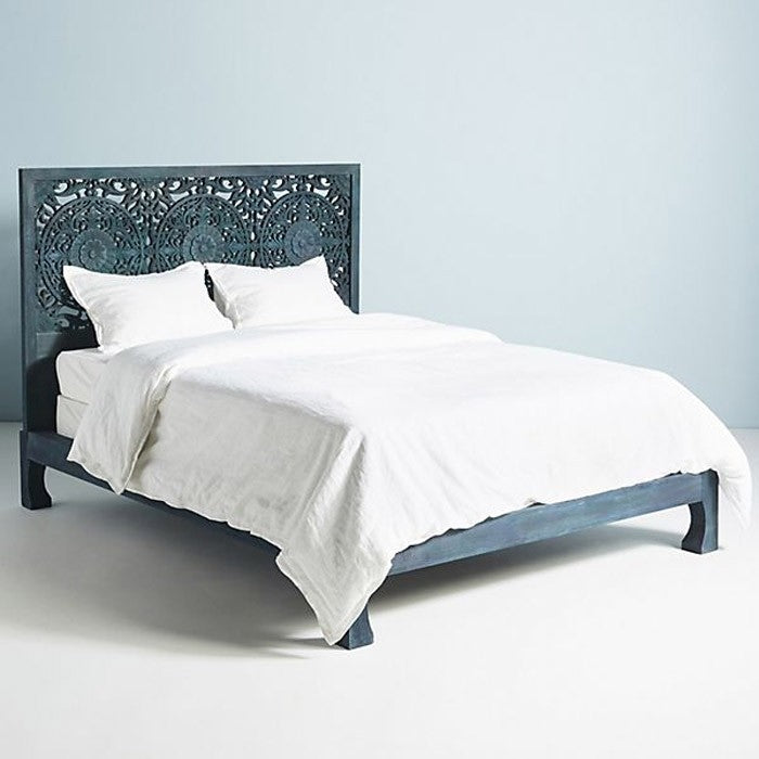 Hand Carved Indian Wooden Bed Frame - Dynasty Low Line Solid Wood Bed for Master Bedroom & Guest Room - Traditional Elegant Furniture for Home Decor