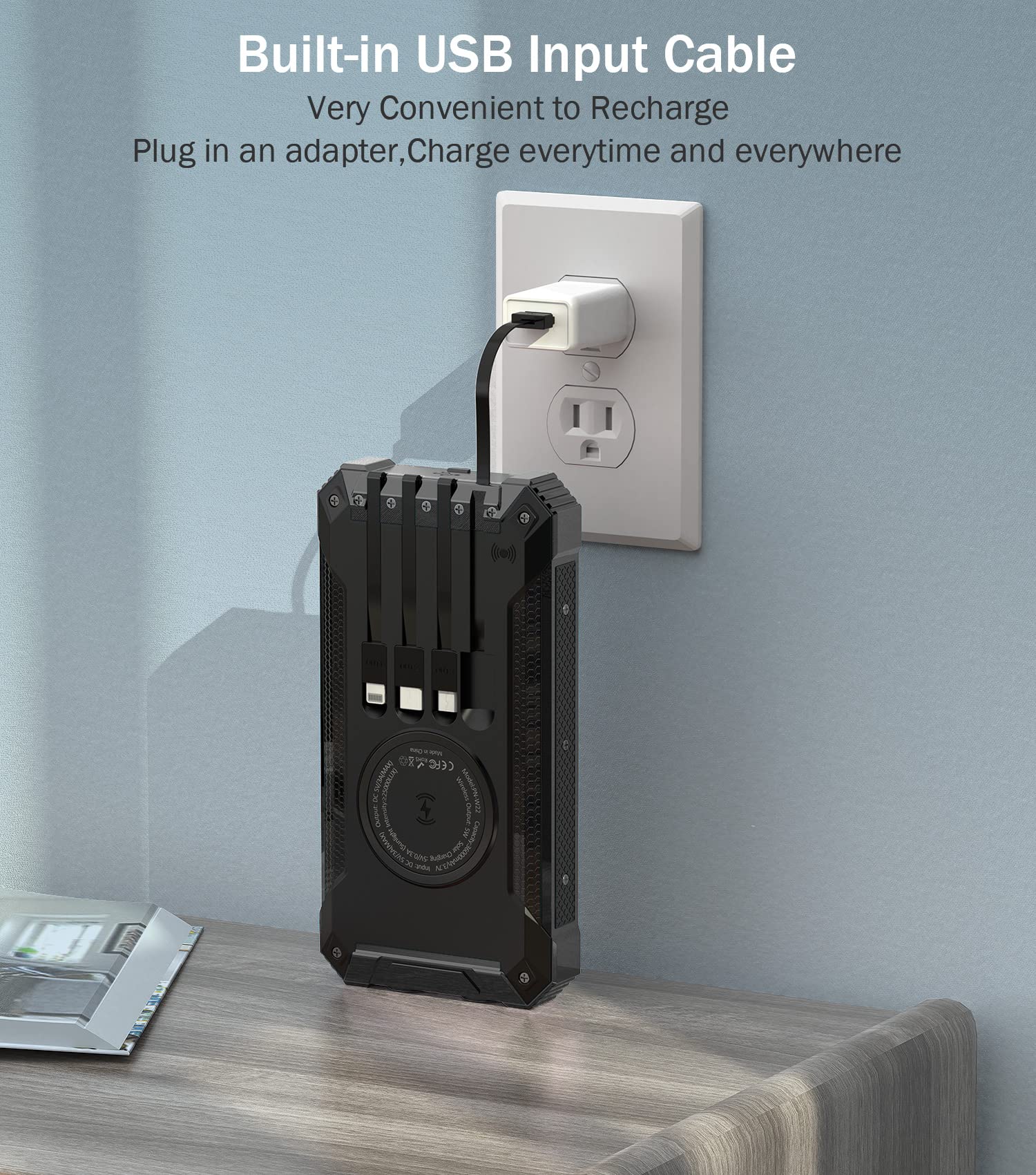 36000mAh Wireless Power Bank with 15W Fast Charging - Built-in 4 Cables & 6 Outputs for iPhone, Samsung, Android Devices | Solar Portable Charger with Dual Flashlights & Carabiner Clip | Perfect for Camping, Travel, and Emergency Power Backup