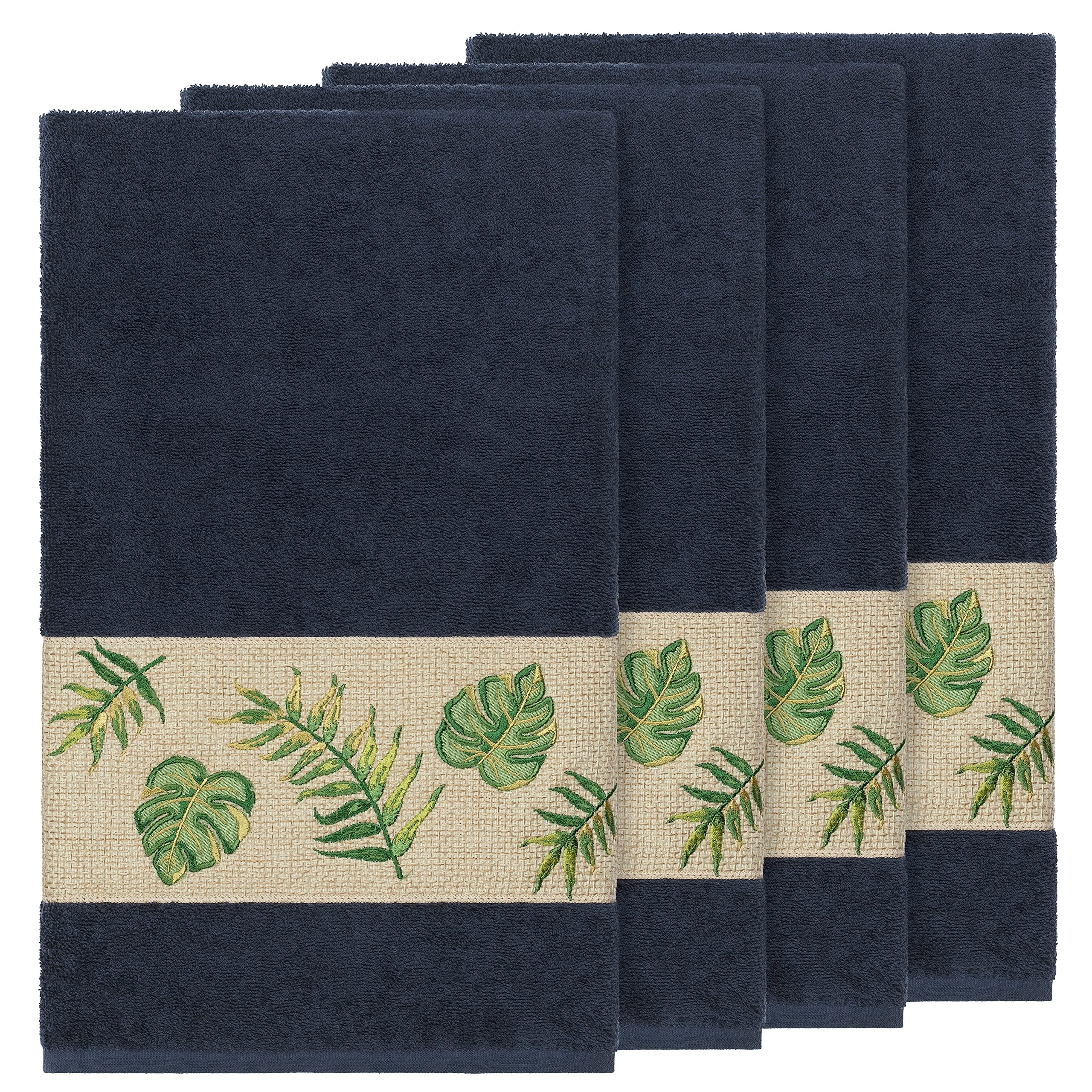 Premium Turkish Cotton 4-Piece Bath Towel Set - Luxurious Palm Fronds Embroidery in Midnight Blue | Soft & Absorbent for Spa, Bathroom & Beach Use
