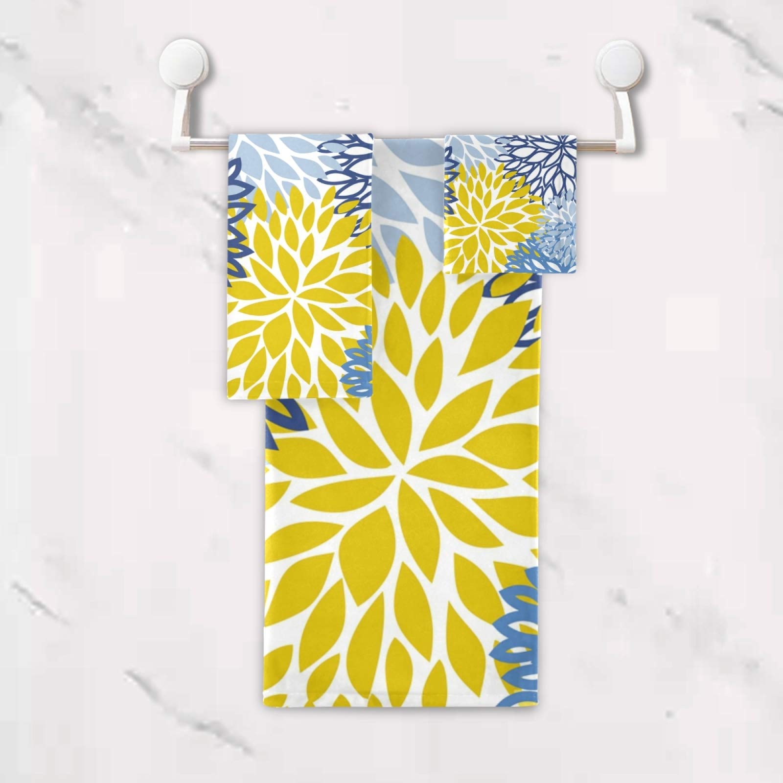 Premium Blue Yellow Navy Chrysanthemum Flower Bath Towel Set - 1 Bath Towel, 1 Hand Towel, 1 Washcloth - Soft Absorbent Cotton Towels for Bathroom, Kitchen & Spa Decor - Perfect for Home, Hotel & Gift Giving