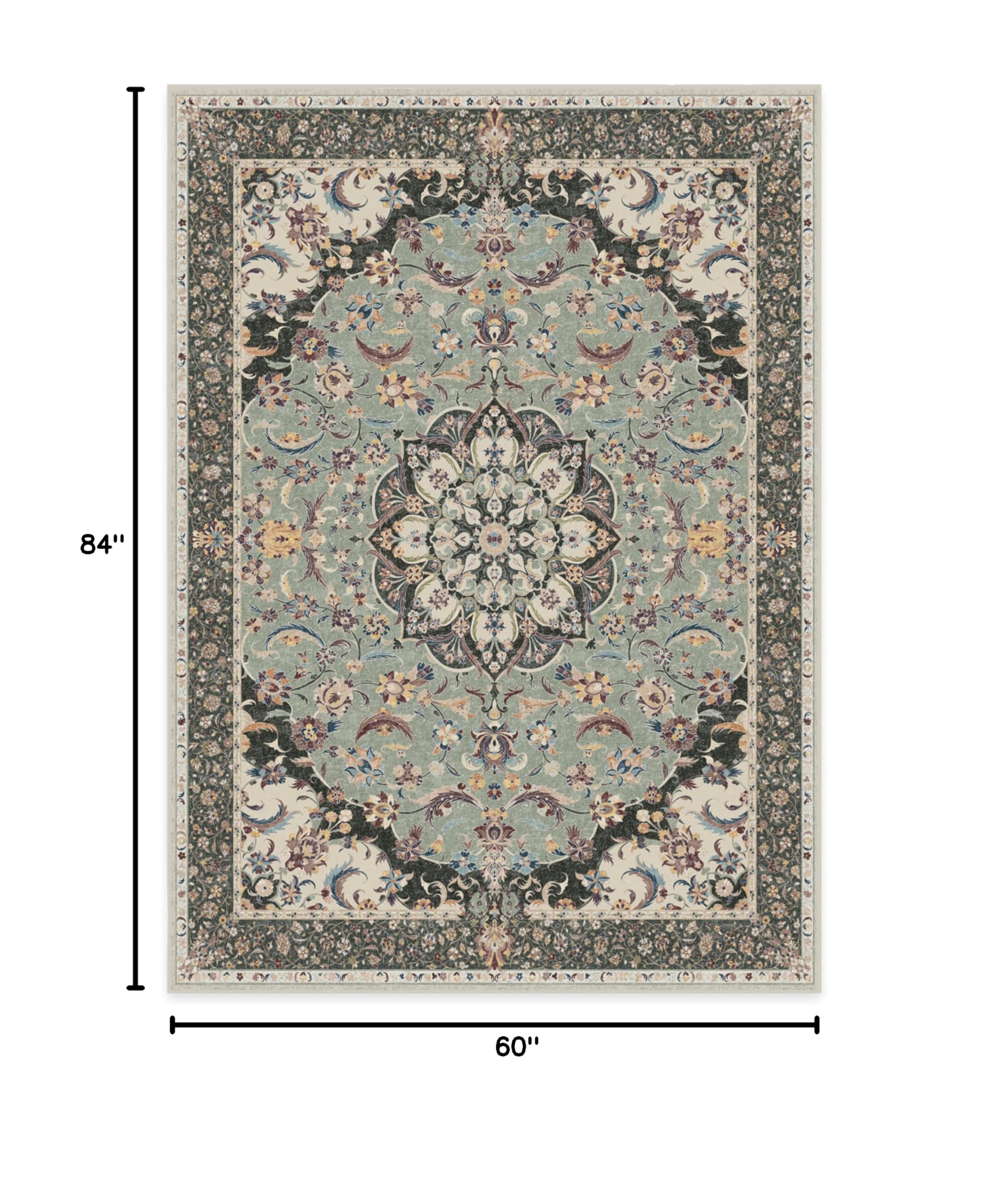 Ruggable Washable 5x7 Area Rug - Sima Sage Vintage Design | Non-Slip Gripper Pad | Premium Machine Washable Rug for Living Room, Bedroom, Kitchen, Office & Classroom | Perfect for High-Traffic Areas & Pet-Friendly Homes