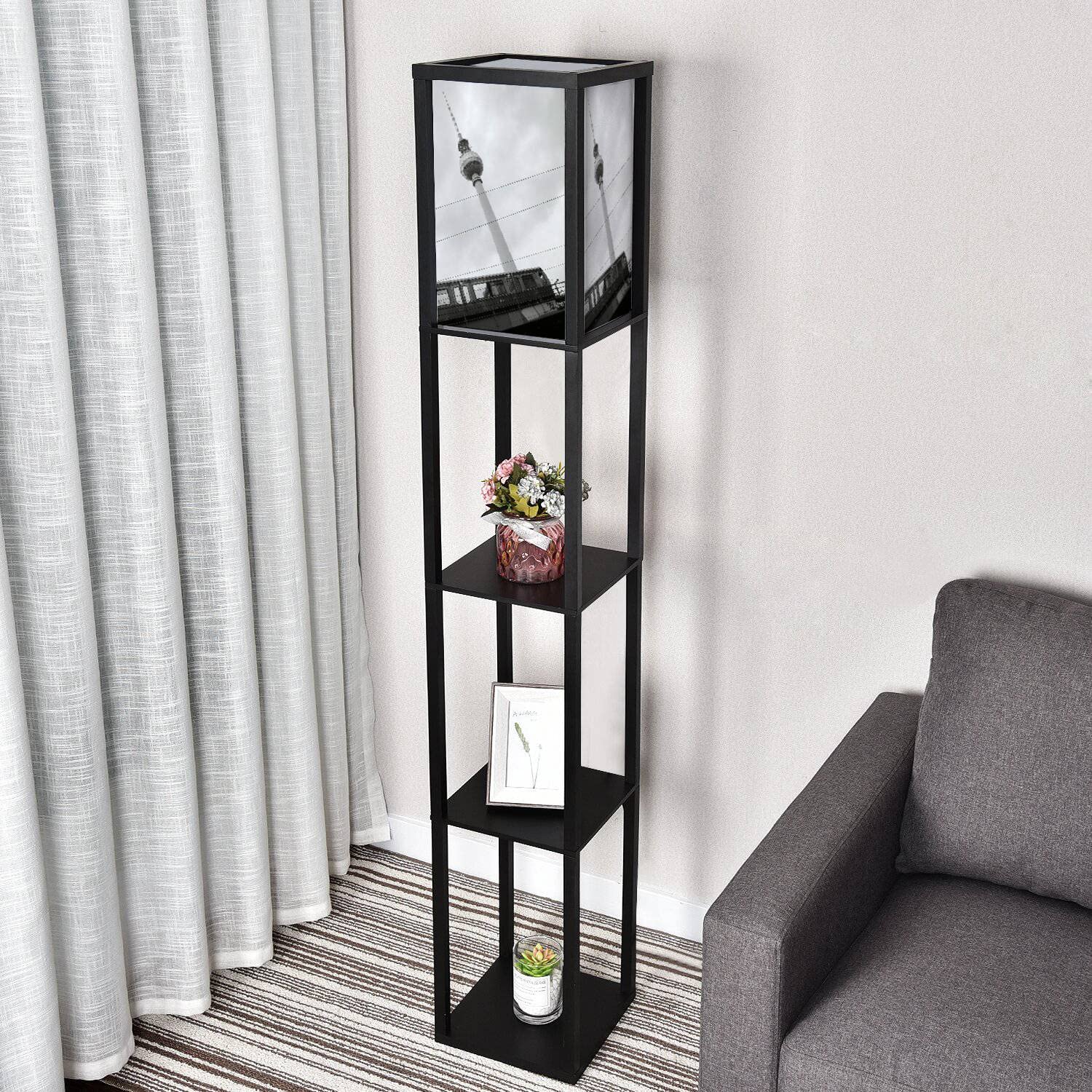 Berlin TV Tower Inspired Corner Floor Lamp with 3 Shelves - Adjustable 3-Color Temperature LED Standing Lamp with Linen Shade for Living Room, Bedroom & Office - Modern Reading Light & Display Shelf for Home Decor