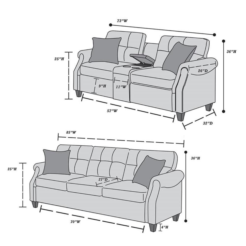 Bobkona 2-Piece Blue Grey Sofa and Loveseat Set - Modern Living Room Furniture for Small Spaces, Apartments & Cozy Home Decor
