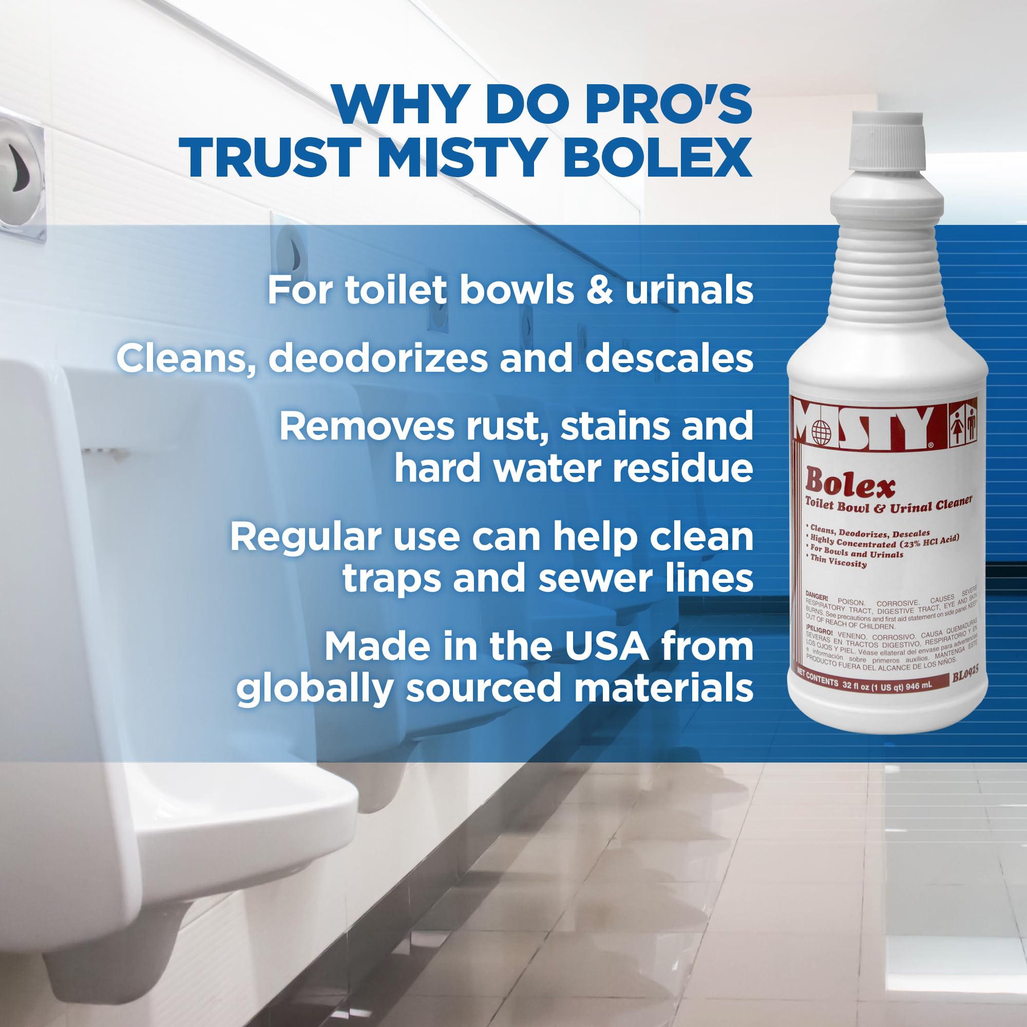 MISTY Bolex Toilet & Urinal Cleaner Concentrate - 32 oz (Pack of 12) | Powerful Bathroom Cleaner for Stains & Odors | Ideal for Homes, Hotels & Commercial Restrooms