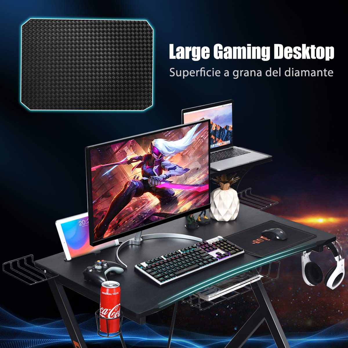 PowerStone 52 Inch Gaming Desk with Monitor Shelf, Storage Basket, Cup Holder & Headphone Hook - Ergonomic Racing Style Computer Desk for PC Gamers & Streamers - Perfect for Esports, Home Office & Gaming Setups