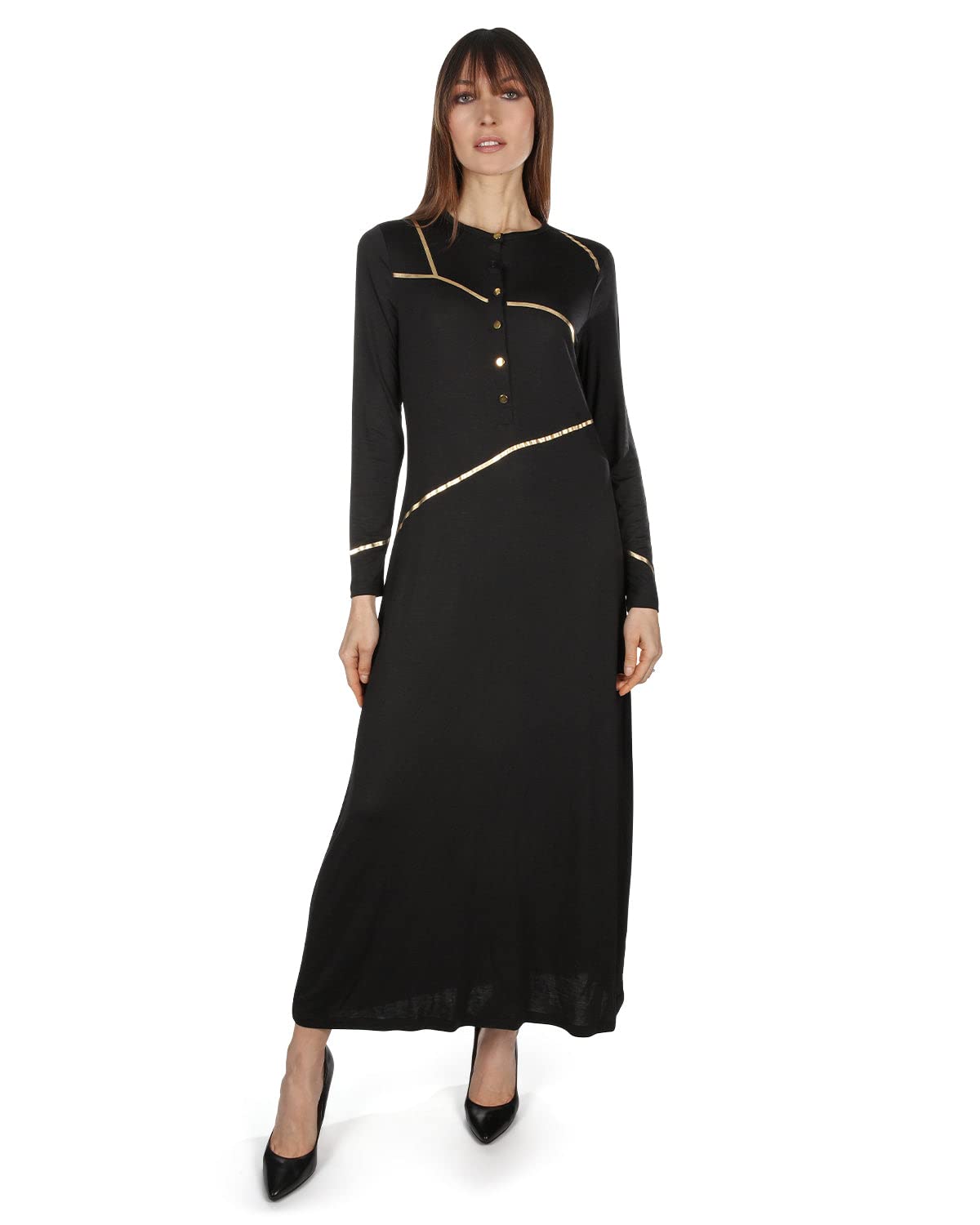 MeMoi Women's Gold Foil Accent Button Down Long Sleeve Nightgown - Elegant Sleepwear for Women, Comfortable Loungewear for Home & Travel