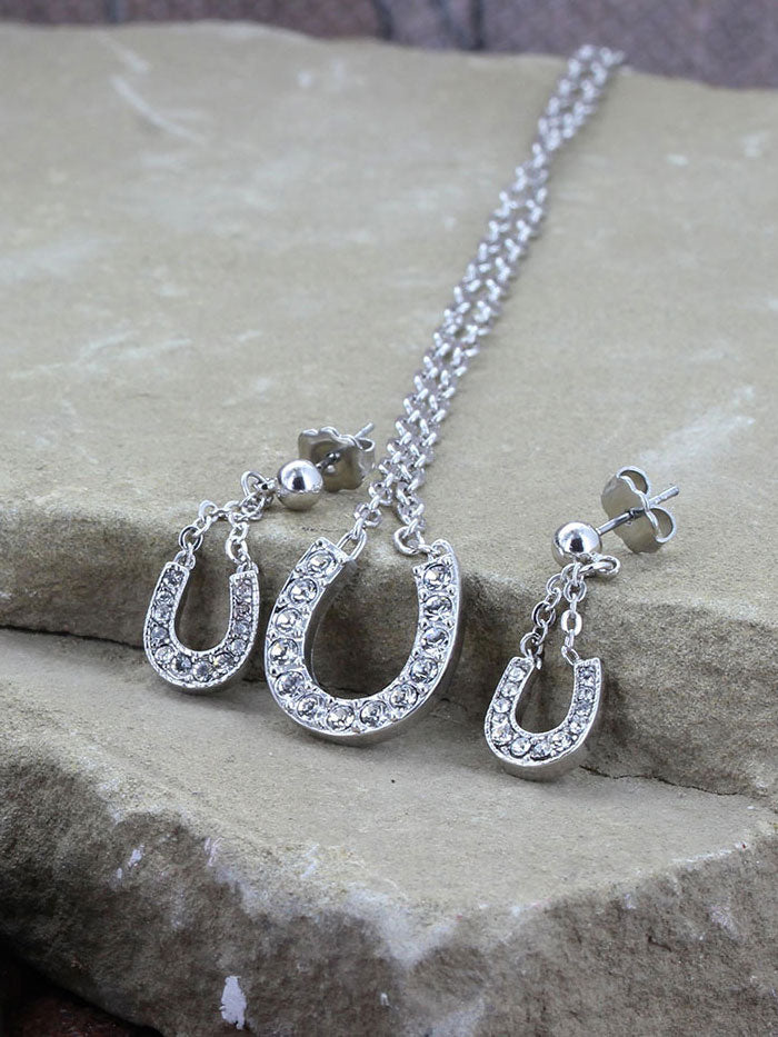 Montana Silversmiths JS808 Women's Sterling Silver Lucky Horseshoe Jewelry Set with Clear Crystals - Perfect for Western Fashion, Cowgirl Outfits & Good Luck Gifts