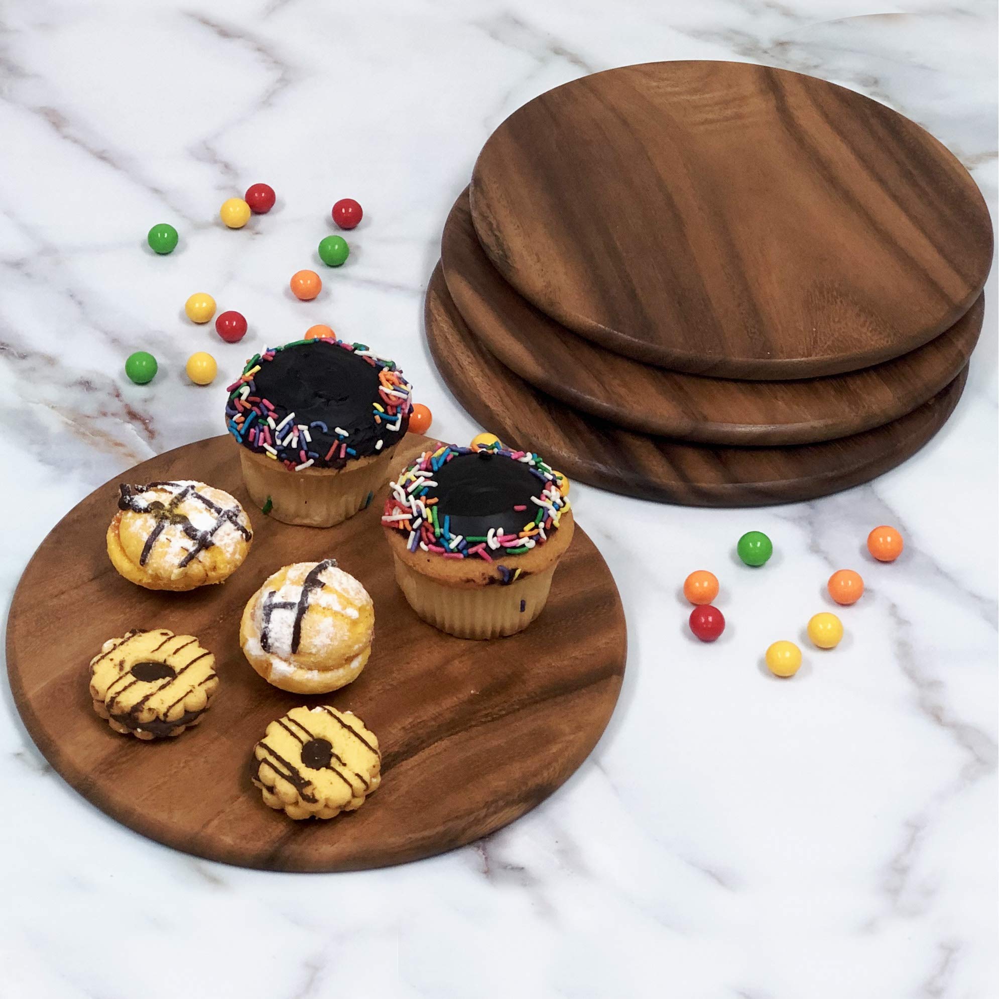 Woodard & Charles Acacia Wood Serving Plates Set of 4 - 9 Inch Round Charcuterie Boards for Sushi, Dessert, Bread & Cheese | Perfect for Dinner Parties, Picnics & Entertaining
