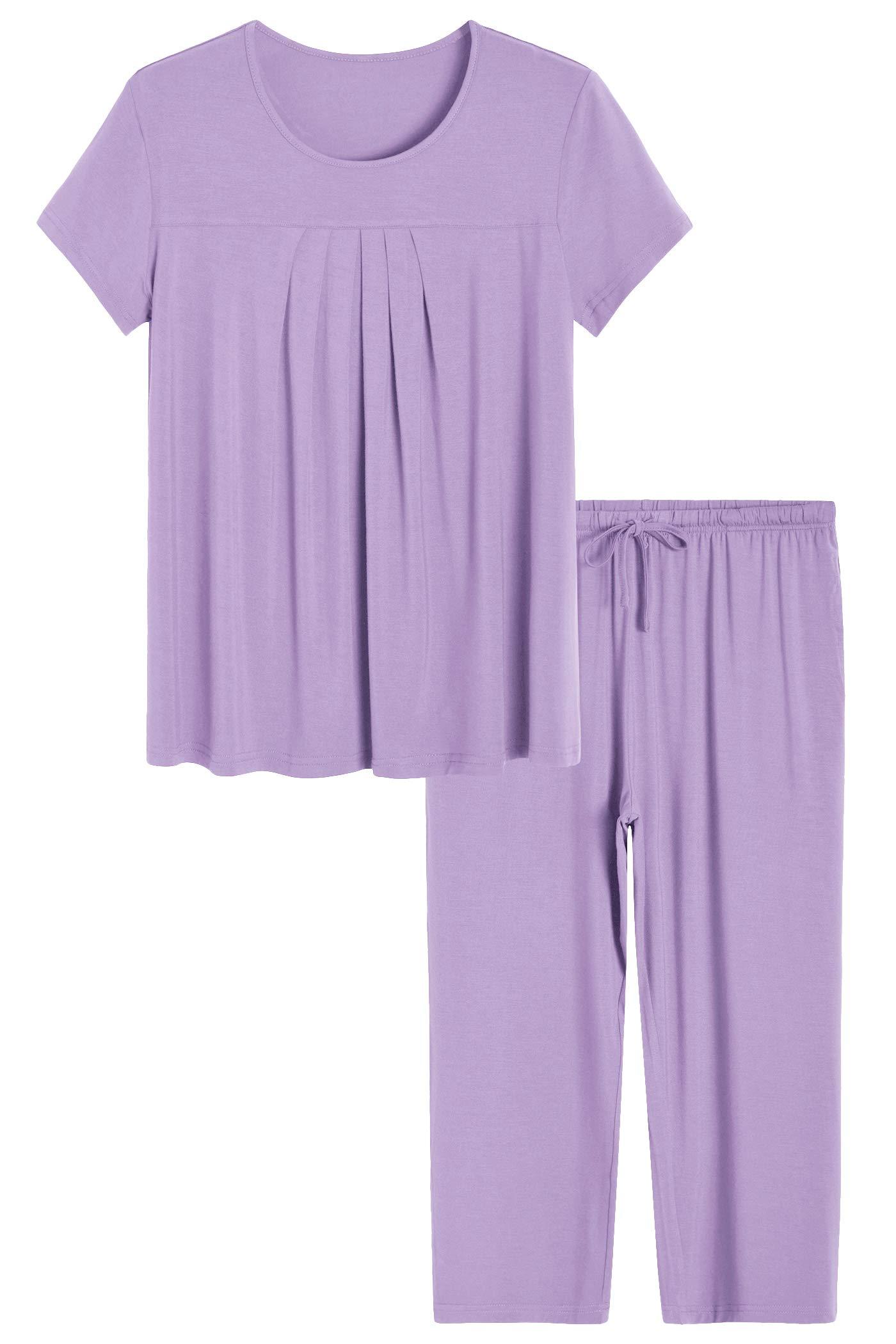Soft & Breathable Women's Bamboo Pajama Set - Pleated Top & Capri Pants for Comfortable Sleep & Lounge Wear - Perfect for Nighttime Relaxation, Spa Days & Cozy Evenings at Home