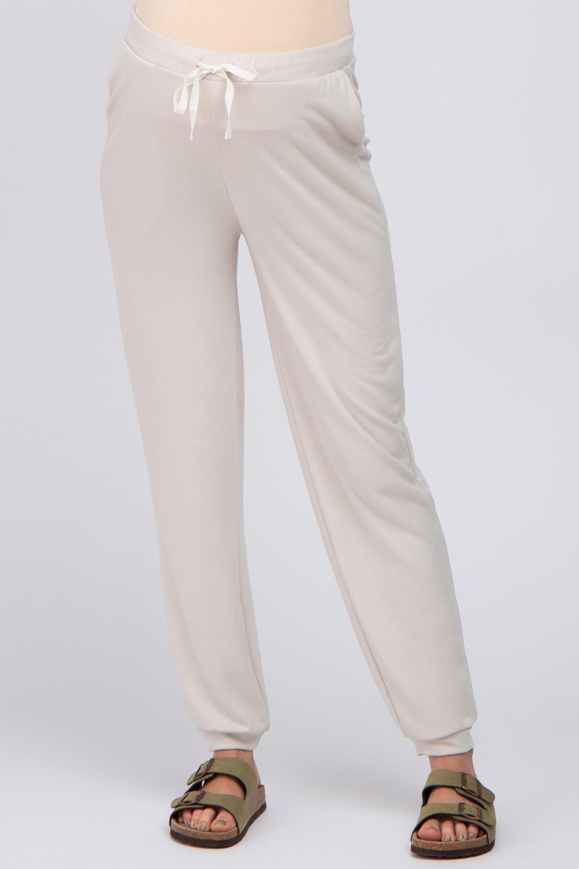 Beige Contrast Maternity Jogger Pants for Women - Comfortable Stretchy Pregnancy Workout Leggings with Pockets | Perfect for Yoga, Running & Everyday Wear