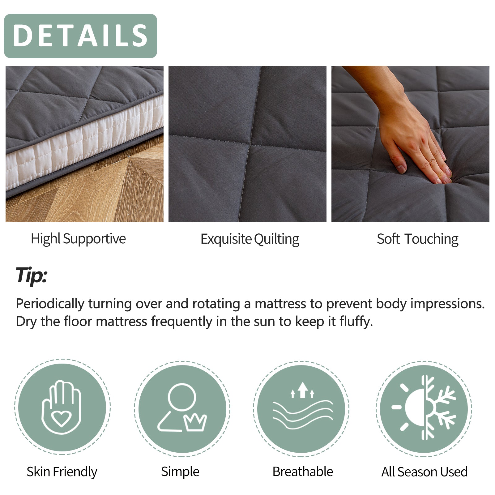 MAXYOYO Diamond Patterned Padded Japanese Futon Bed - Extra Thick Floor Mattress & Quilted Mattress Topper in Dark Grey | Perfect for Guest Beds, Small Spaces & Minimalist Home Decor