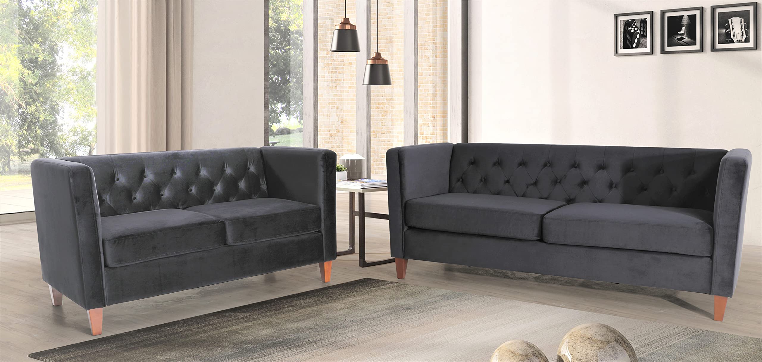 Modern Velvet Tufted 3-Seater Sofa - Upholstered Fabric Comfy Couch for Living Room, Office & Apartment - Accent Love Seat & Mini Couches in Black - Perfect for Lounge, Home Theater & Guest Room Seating