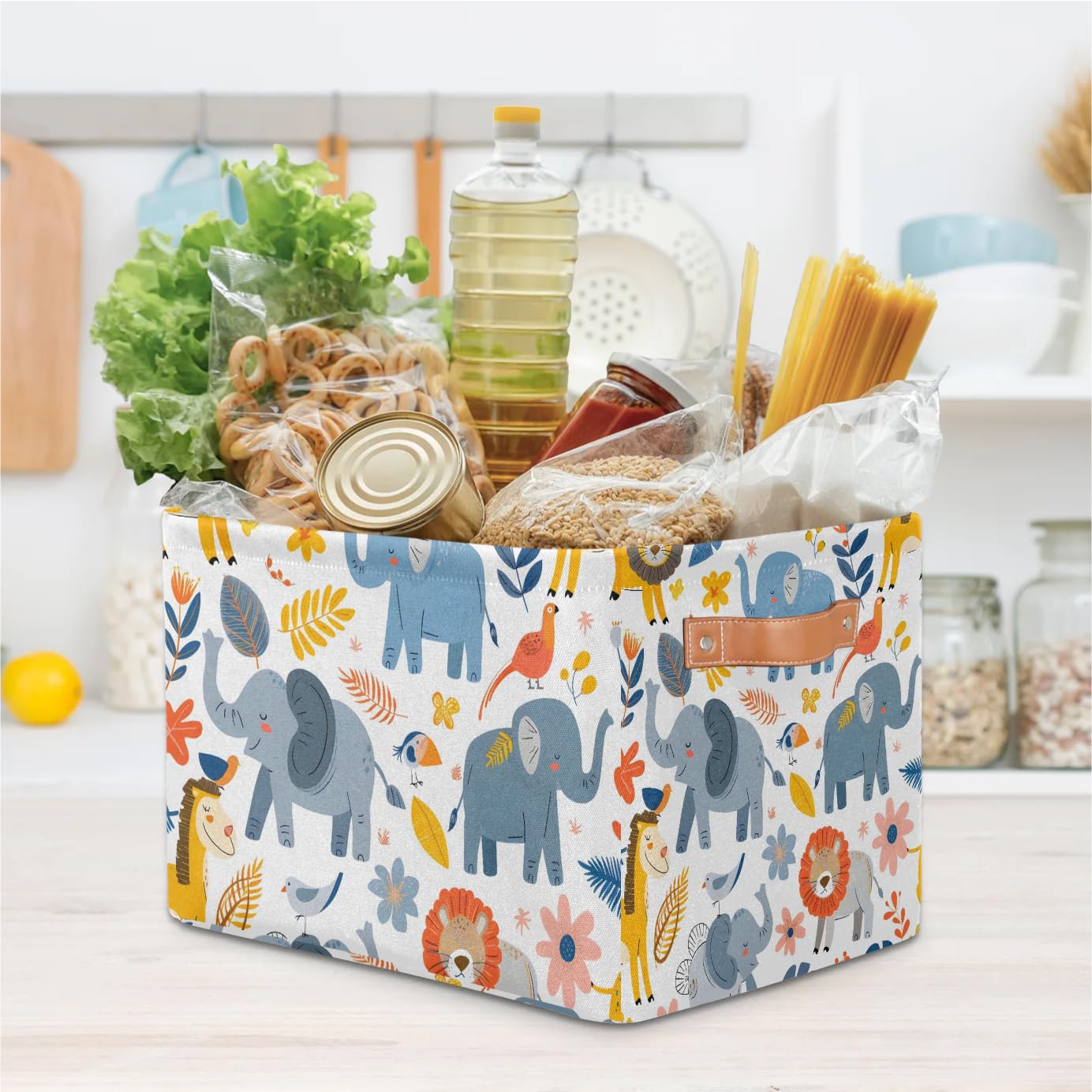 Cartoon Elephant Fabric Storage Bins with Handles - Large Decorative Collapsible Baskets for Shelves & Closet Organizers (2-Pack) - Perfect for Home Organization, Clothes, Toys & Nursery Storage
