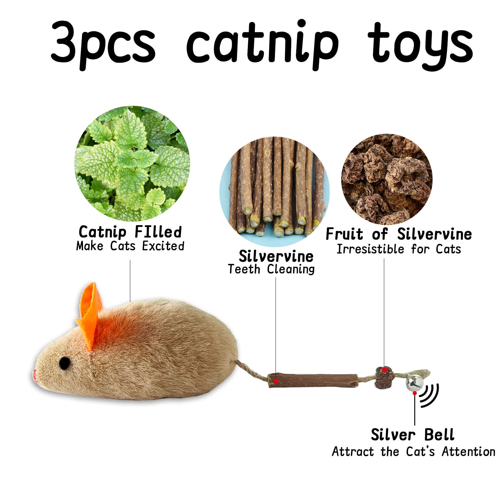 3PCS Large Squeaky Cat Toys with Catnip & Silvervine - 8.9