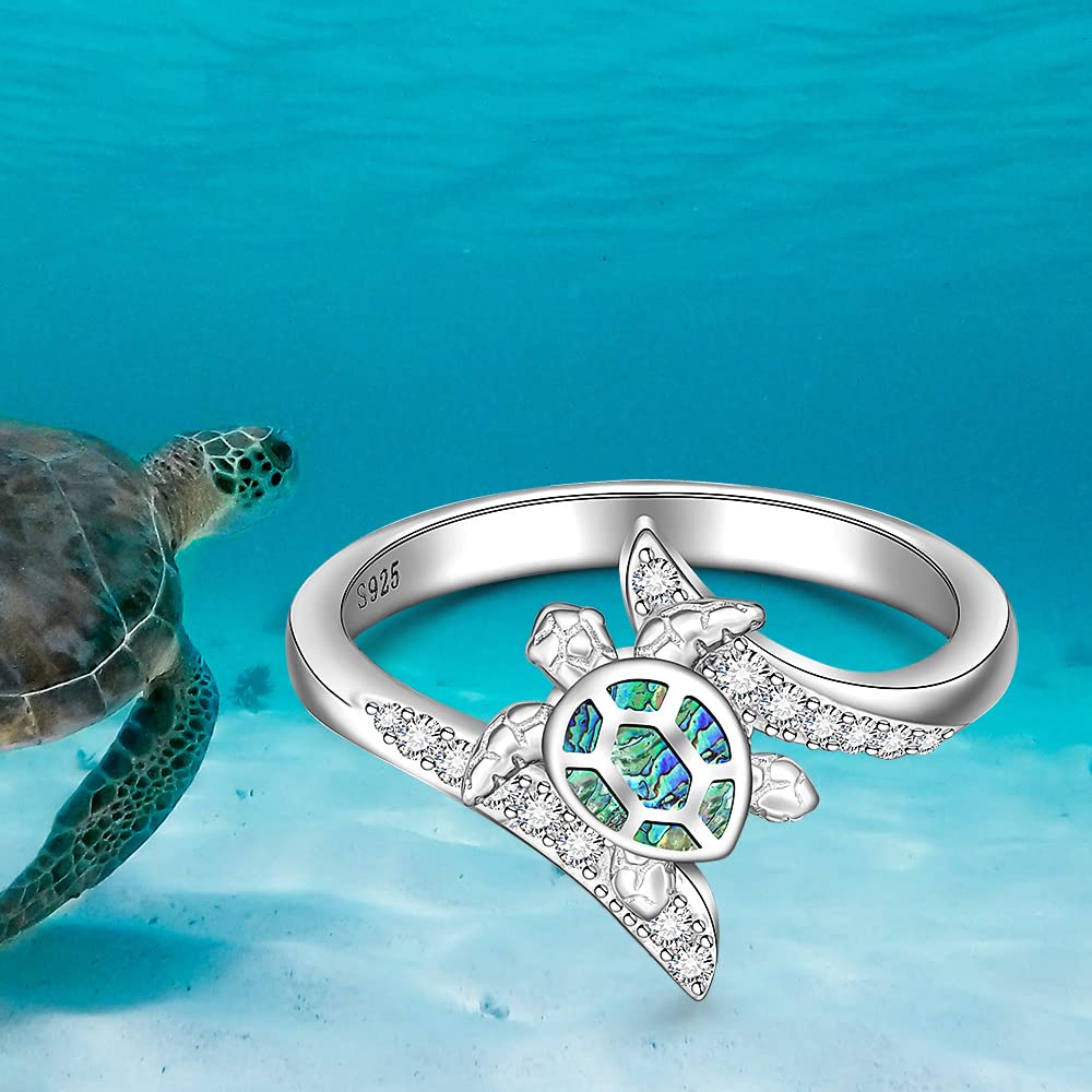 Sterling Silver Sea Turtle Ring with Abalone Shell - Ocean Wave Design for Women, Size 6-10 - Animal Jewelry, Good Luck Gift for Mother's Day & Longevity - Perfect for Beach Vacations, Boho Fashion & Spiritual Healing