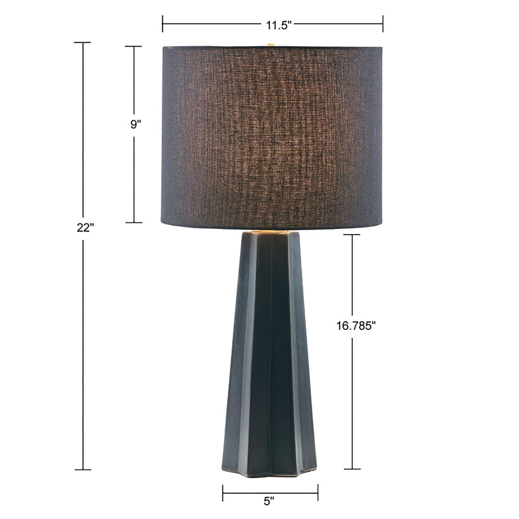 INK+IVY Matte Black Ceramic Table Lamp - Modern Geometric Nightstand Lamp with Linen Drum Shade, Fluted Design, Rotary Switch & Polarized Plug, 22