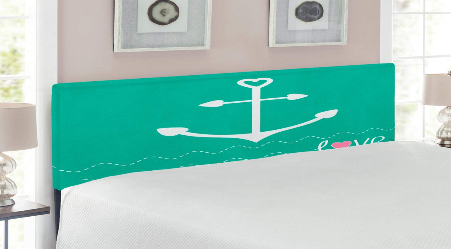 Ambesonne King Size Upholstered Metal Bed Headboard with Memory Foam - Nautical Anchor & Heart Design in Green, Pink & White for Sailor-Themed Bedroom Decor | Perfect for Coastal, Maritime or Romantic Bedroom Styles