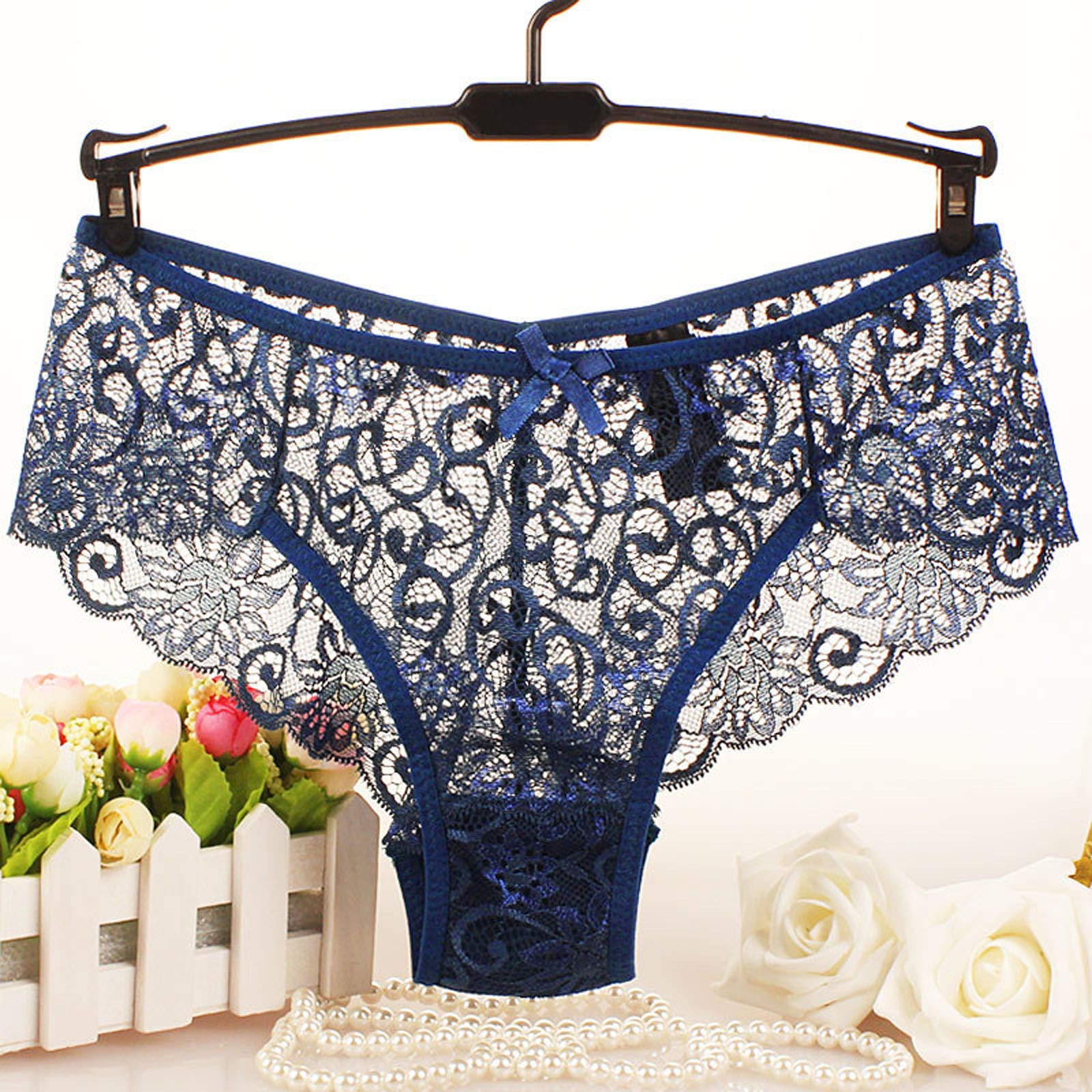 Sexy Lace Underwear for Women - Mid Waist Briefs Push Up Panties Comfortable Lingerie Intimates - Black & Blue (Size S) - Perfect for Date Night, Valentine's Gift or Everyday Wear