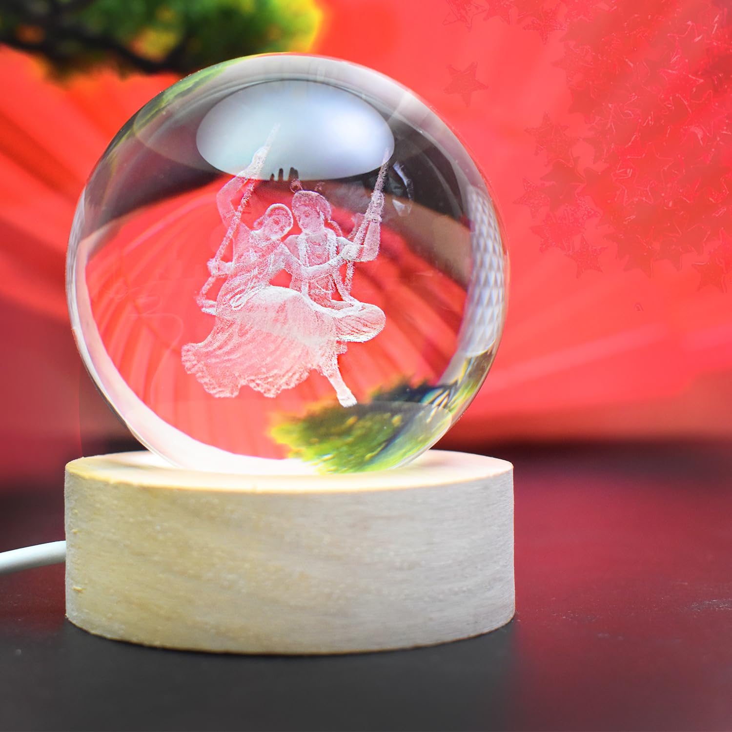 Oblivion 3D Crystal Ball LED Lamp with Radhakrishna Engraved Base - USB Powered Wooden Night Light for Home, Office Desk & Meditation Room Decor - Perfect for Yoga, Spiritual Gifts & Relaxation
