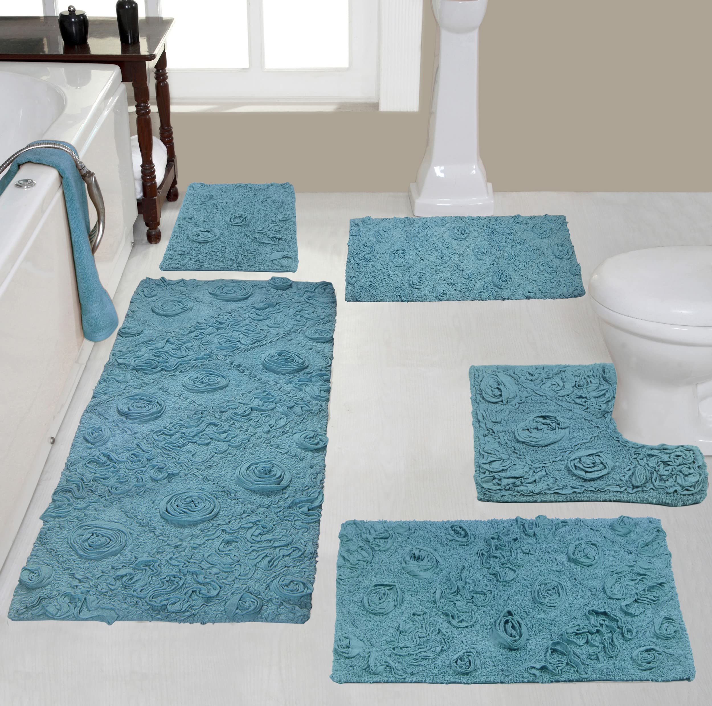 Premium 100% Cotton Bath Rug Set - 5 Piece Non-Slip, Washable & Super Absorbent Bathroom Mats - Soft Contour Design for Bathroom & Kitchen Floor - Home Weavers Modesto Collection in Blue - Perfect for Spa-Like Comfort & Safety