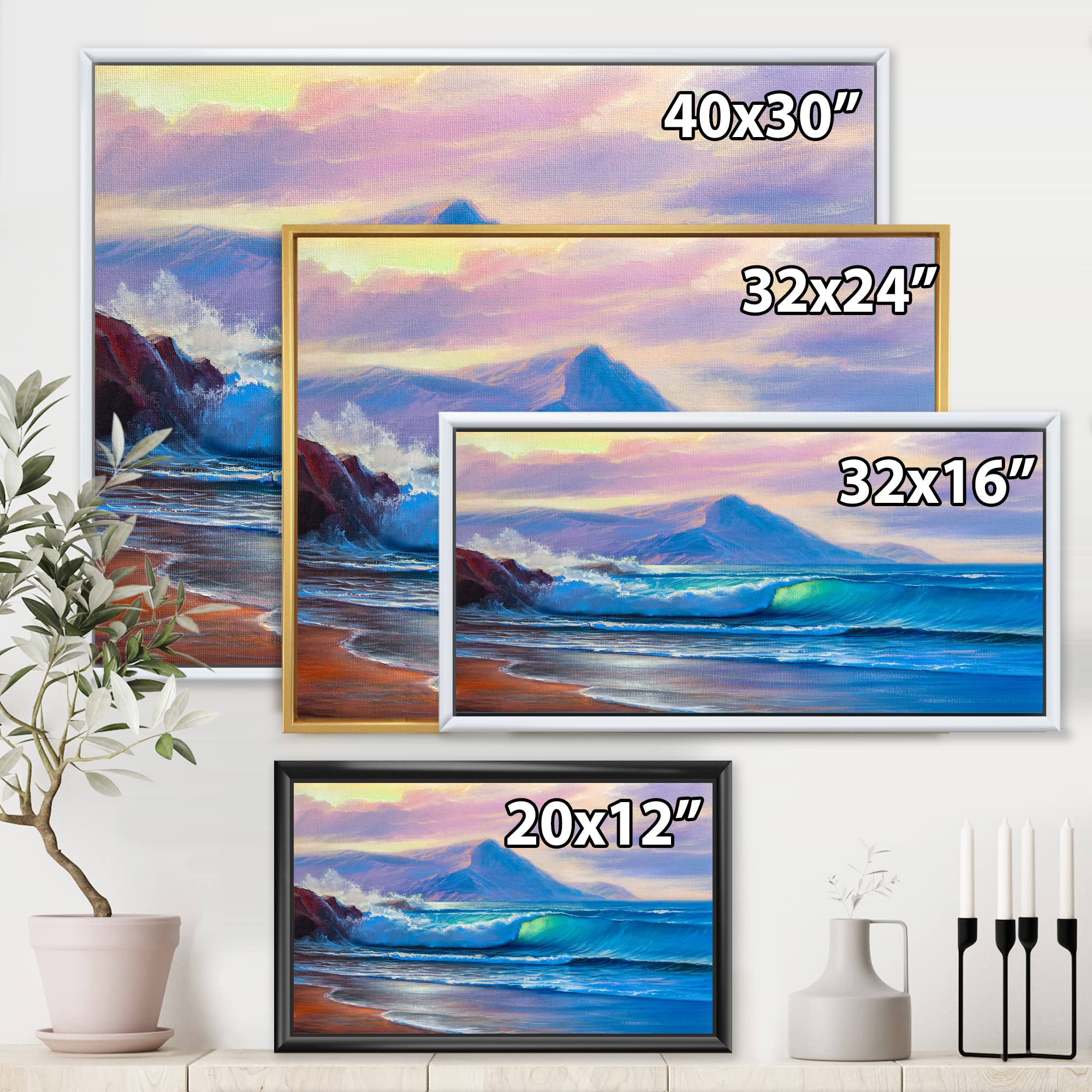 Blue Waves Breaking At The Beach Framed Canvas Wall Art - Coastal & Nautical Decor for Living Room, Bedroom, Office | DesignQ