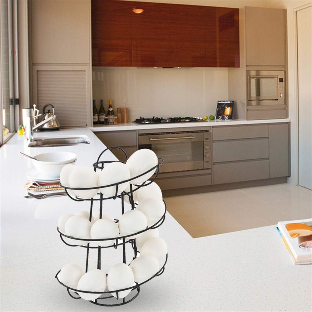 Spiral Metal Egg Basket - Space Saving Kitchen Egg Storage Holder & Display Rack for Fresh Eggs - Perfect for Farmhouse, Breakfast Nook, and Pantry Organization (Black)