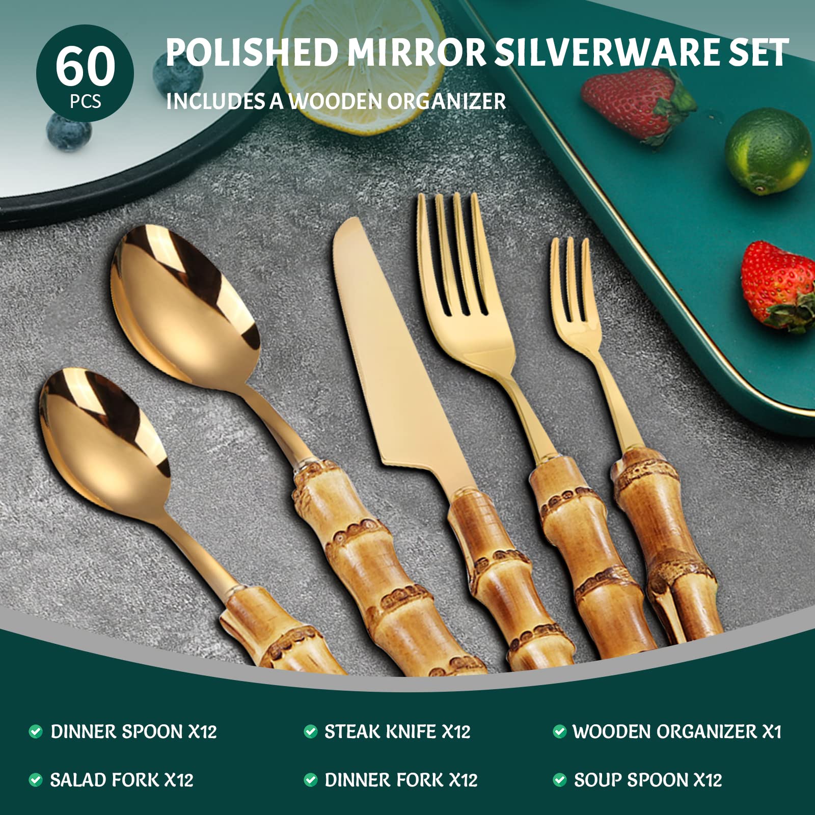 Premium 60-Piece Bamboo Handle Silverware Set for 12 - 18/8 Stainless Steel Golden Flatware Cutlery Set - Dishwasher Safe Kitchen Utensils - Perfect for Dinner Parties, Restaurants & Everyday Dining (12 Place Settings)