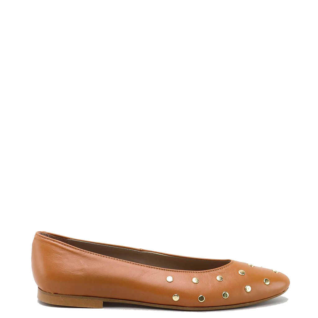 Elegant Cognac Studded Pointed Ballet Flats for Women - Comfortable Dress Shoes for Work, Parties & Special Occasions