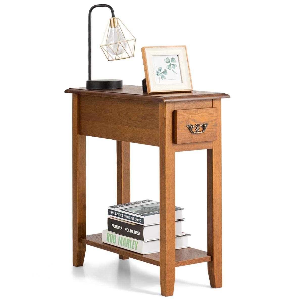 Tangkula Narrow End Table with Drawer & Open Shelf - Slim Side Table for Small Spaces, Compact Nightstand for Bedroom & Living Room - 9.8