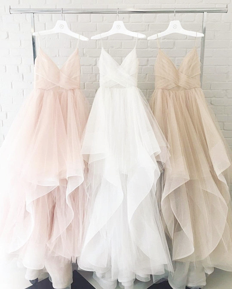 Blush Pink White Champagne Tulle V-Neck Wedding Dress Ball Gown – Elegant Bridal Gown for Church, Beach & Garden Weddings