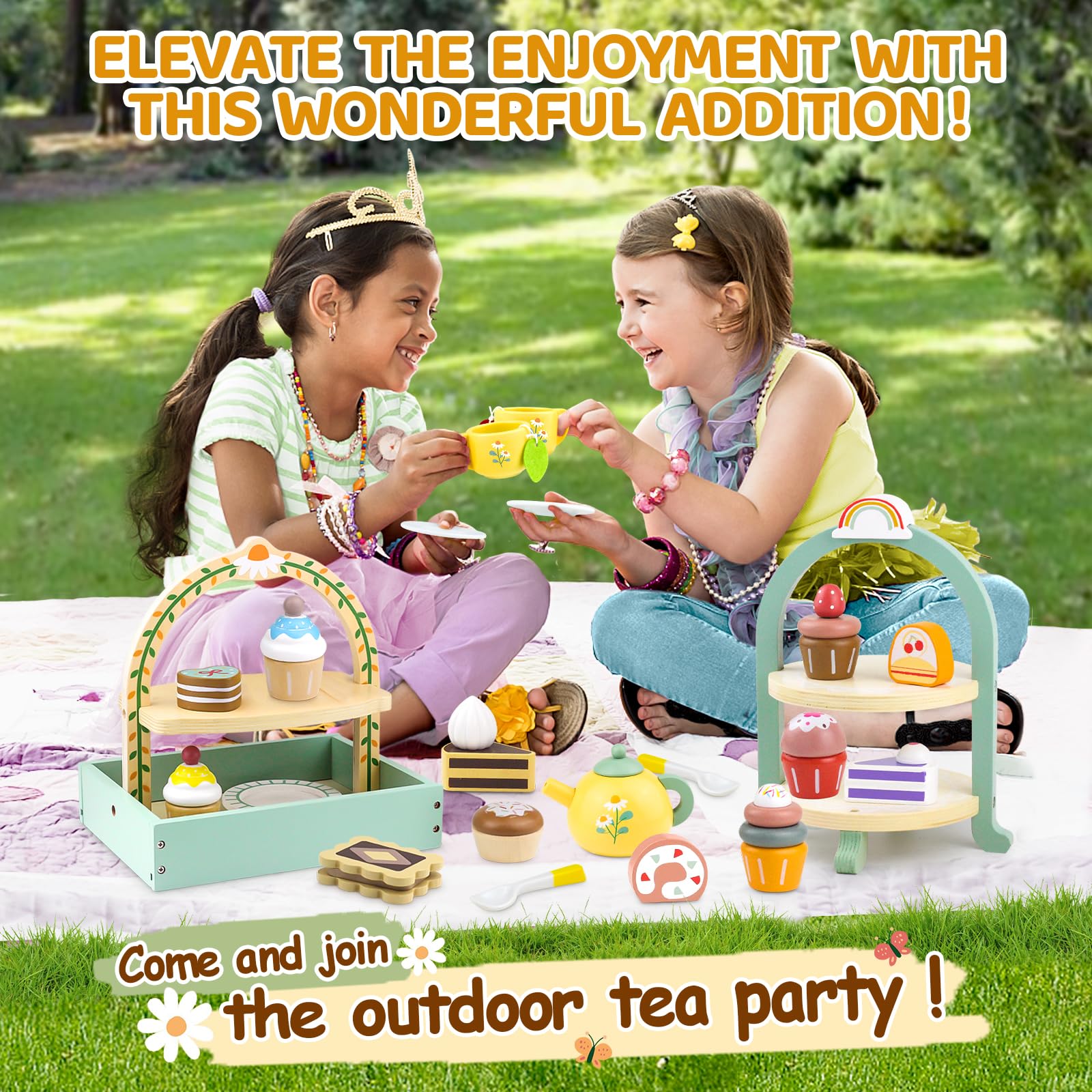 Wooden Tea Set for Kids Ages 1-6 | Pretend Play Kitchen Toy with Play Food & Cake | Princess Themed Toddler Playset for Boys & Girls | Perfect for Birthday Parties, Tea Time Pretend Play & Early Learning
