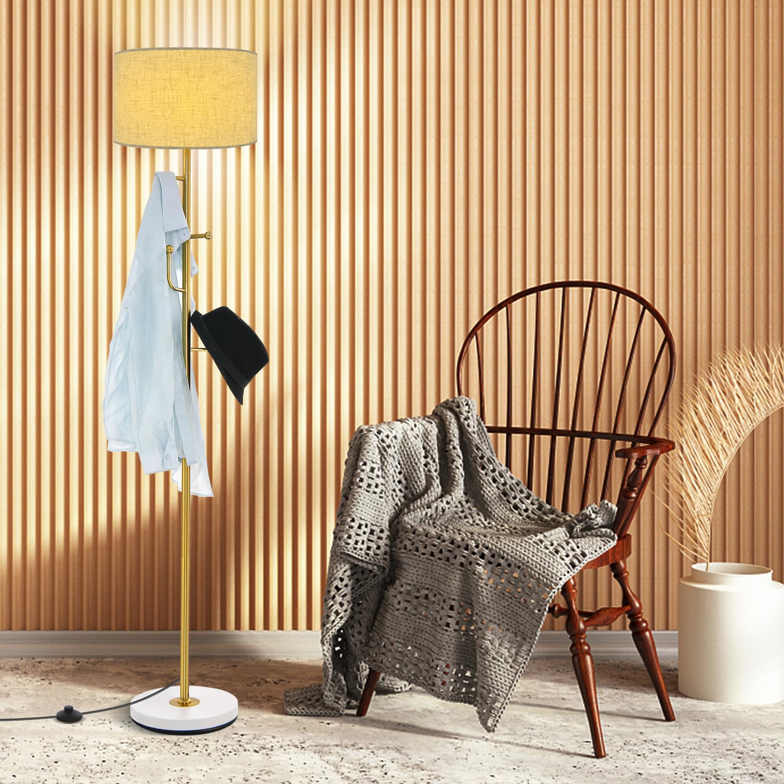 Tangkula Modern Floor Lamp with Coat Rack - 5 Hooks, Foot Switch & Weighted Base, Tall Standing Pole Light for Bedroom & Living Room (E26 Bulb Required) | Perfect for Entryway, Dorm, or Apartment Lighting