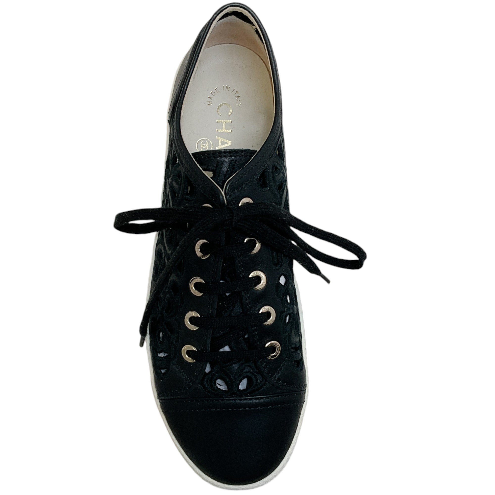 Chanel Black Leather Floral Eyelet Sneakers for Women - Luxury Designer Fashion Shoes for Casual Wear & Street Style