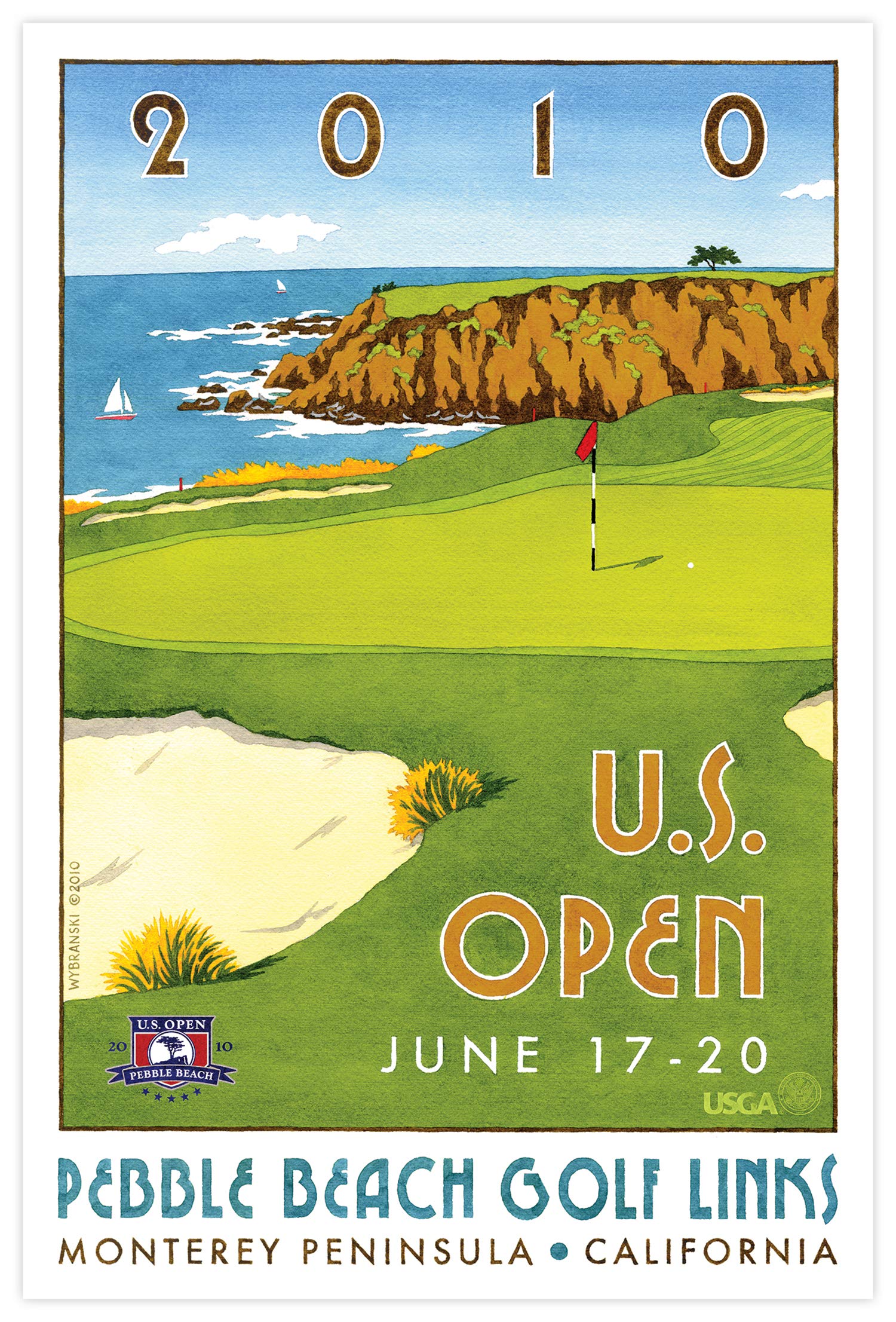 Lee Wybranski Official Golf Art Print - 2010 U.S. Open Championship at Pebble Beach - 20x30 Inch Framed Golf Poster - Perfect Golf Gift for Men - Home Office Decor & Man Cave Wall Art