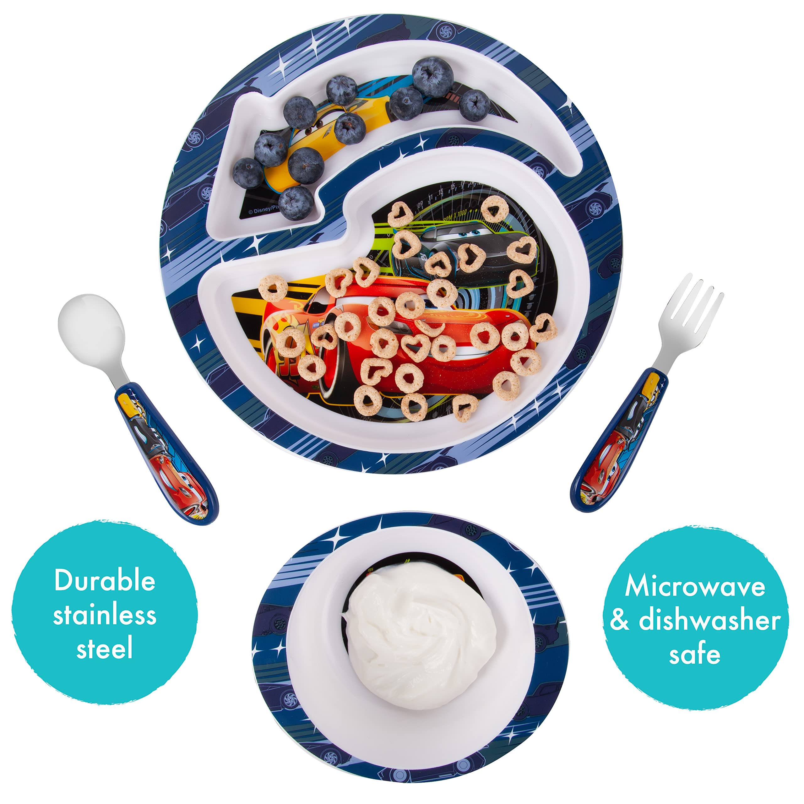 Disney Pixar Cars Toddler Dinnerware Set - 4-Piece Plates & Utensils for Kids | Fun Mealtime Essentials for Boys | Perfect for Birthday Gifts & Preschool Lunch