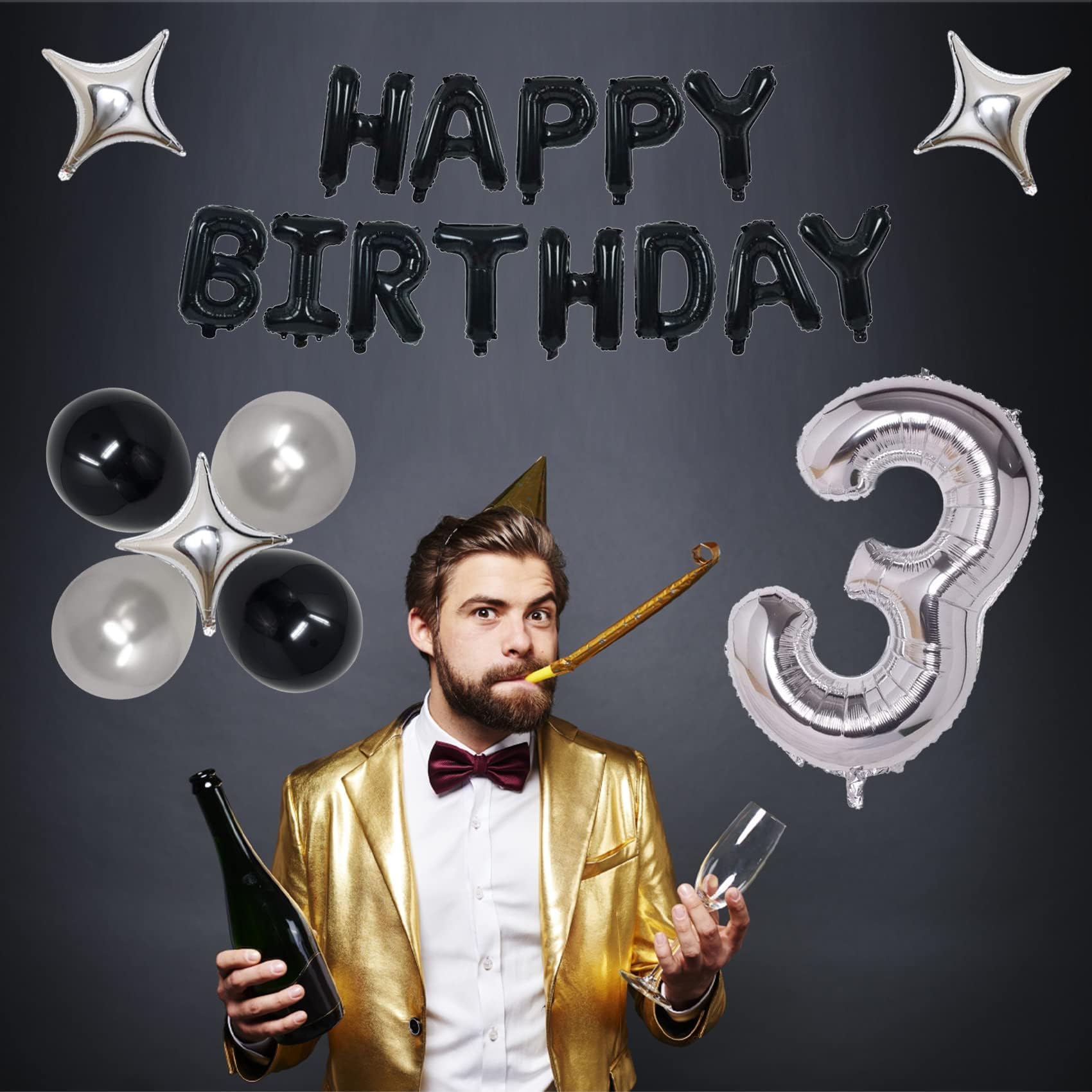 15th Birthday Party Decorations Set - Black & Silver Theme for Boys & Girls | Includes Happy Birthday Banner, Foil Stars & Balloons | Perfect for Quinceañera, Sweet 16 & Teen Birthday Celebrations