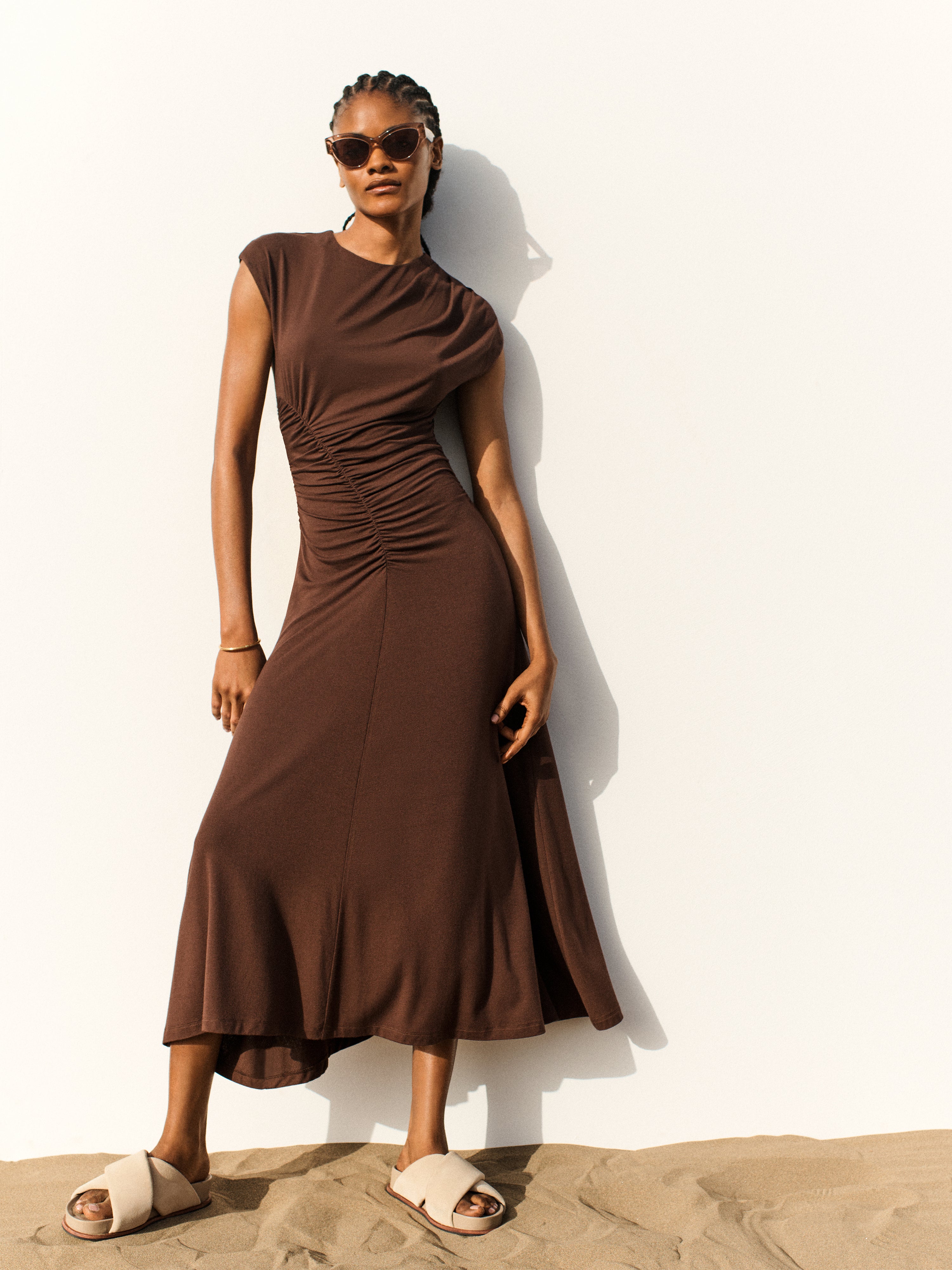 Elegant Drape Pleat Jersey Dress in Brown - Perfect for Casual Outings, Office Wear & Special Occasions