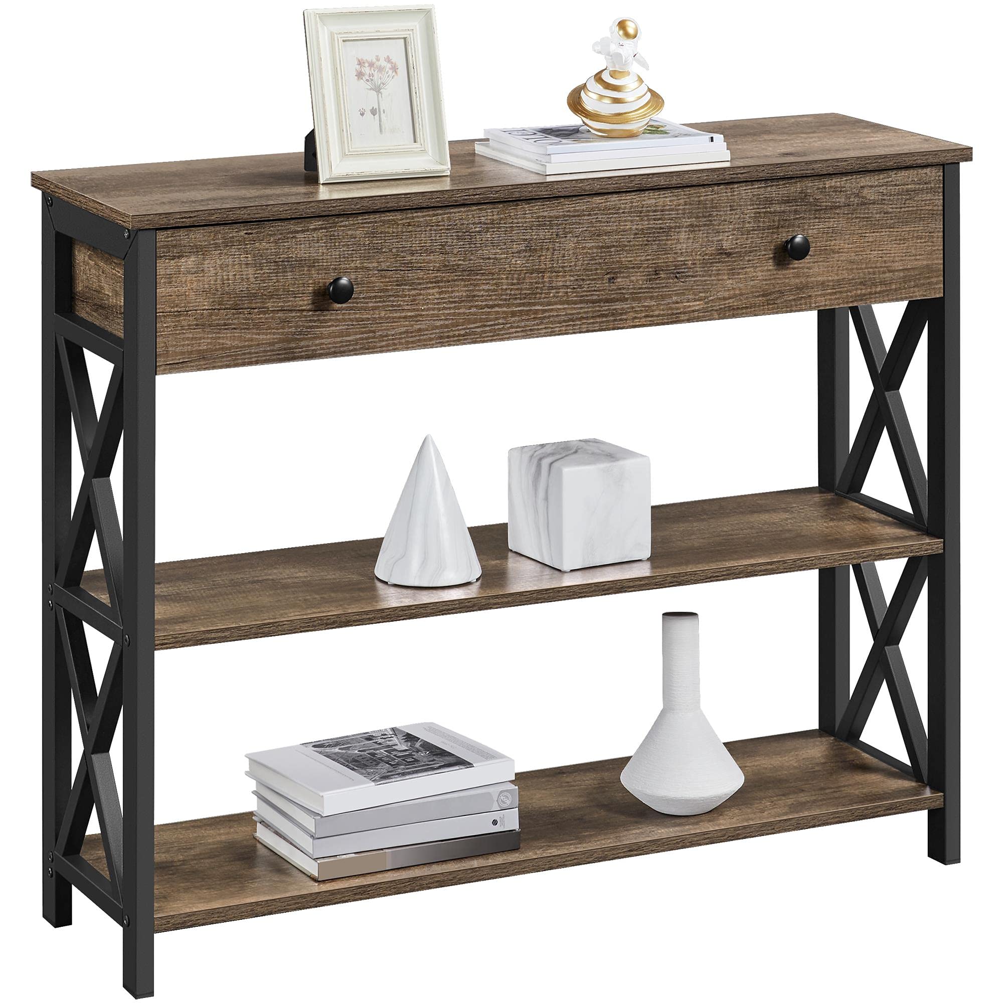 Yaheetech Vintage Console Table with Drawer - 3-Tier Sofa Table with Storage for Entryway & Living Room - X-Design Taupe Wood Entry Table - Perfect for Hallway Decor, Behind Couch Storage & Small Space Organization