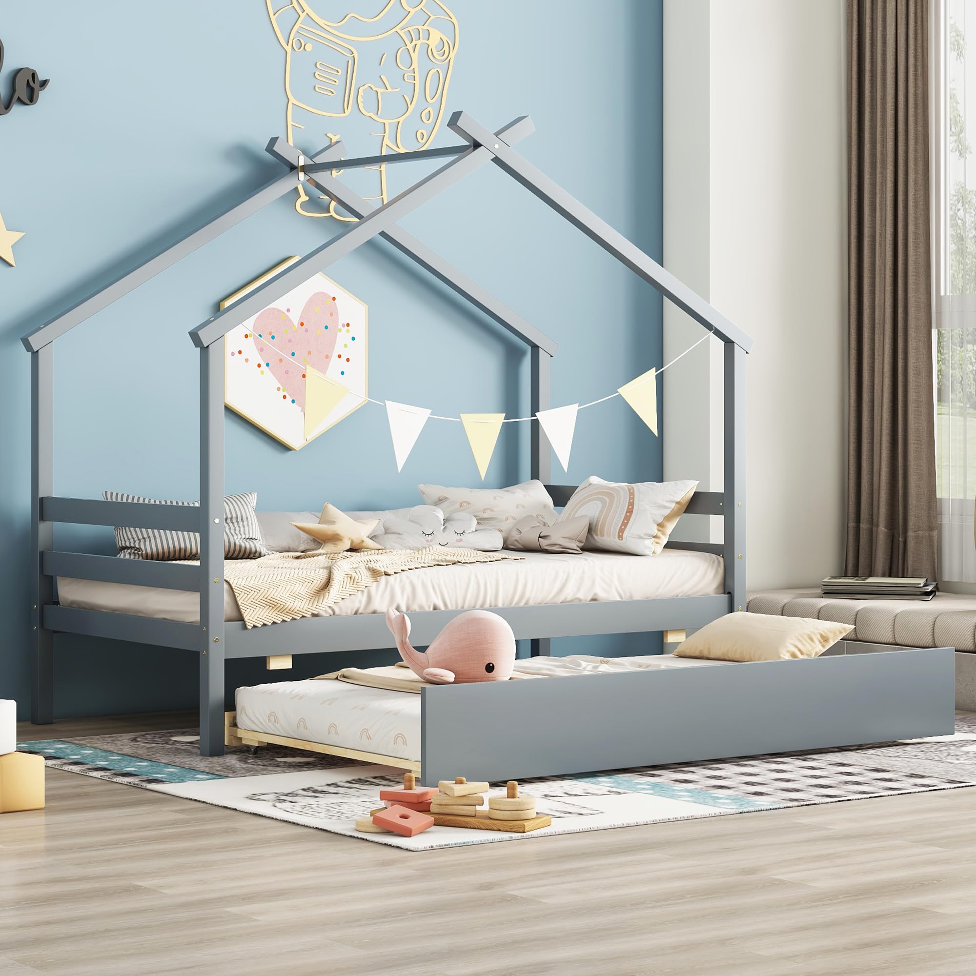 Montessori Twin House Bed with Trundle - Solid Wood Playhouse Bed Frame with Slats Support for Kids, Teens, Boys & Girls - Gray - Perfect for Bedrooms, Playrooms & Montessori Learning Spaces