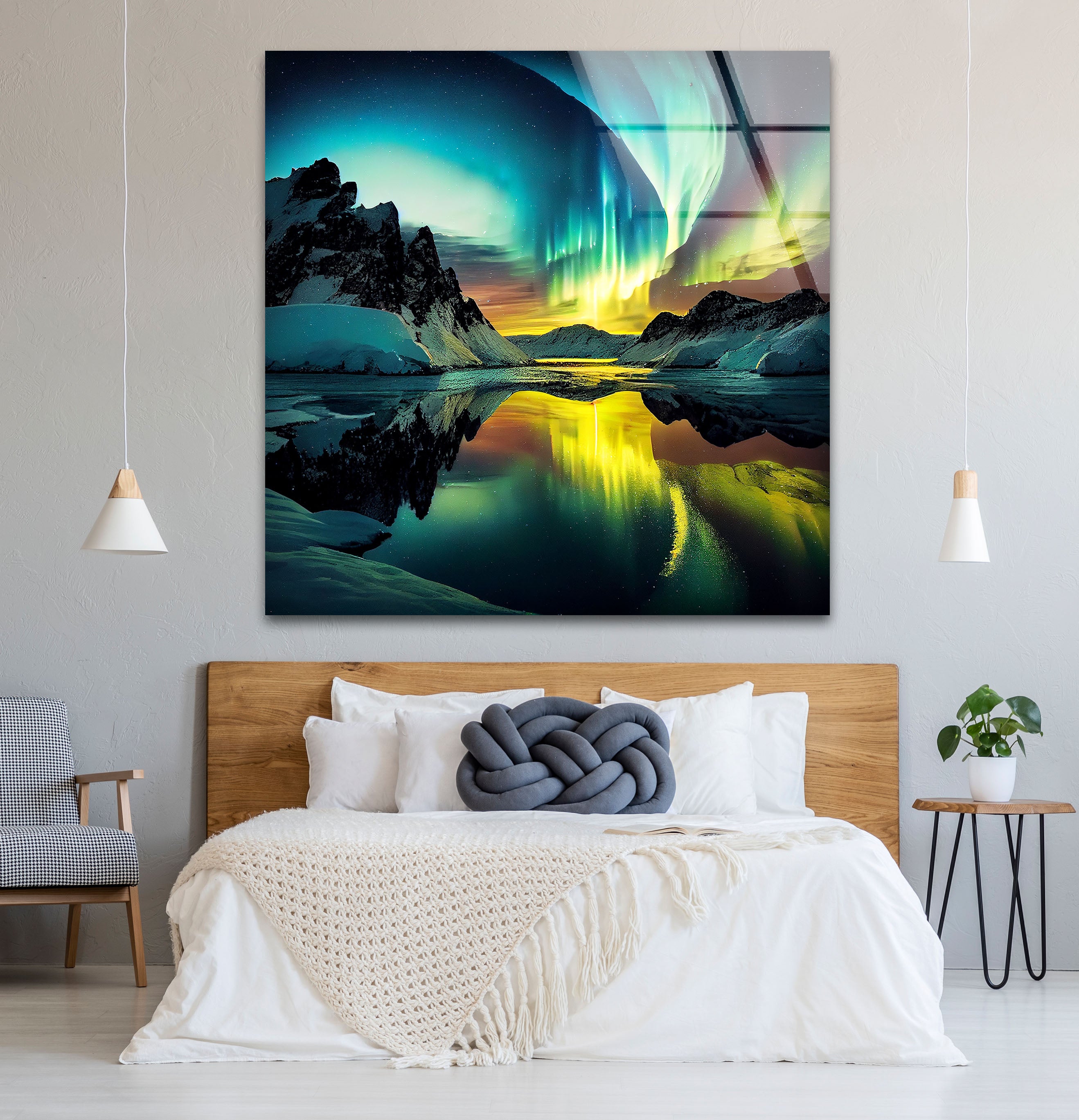 Aurora Borealis Glass Wall Art – Stunning Northern Lights Over Arctic Mountains – Perfect for Living Room, Bedroom & Office Decor